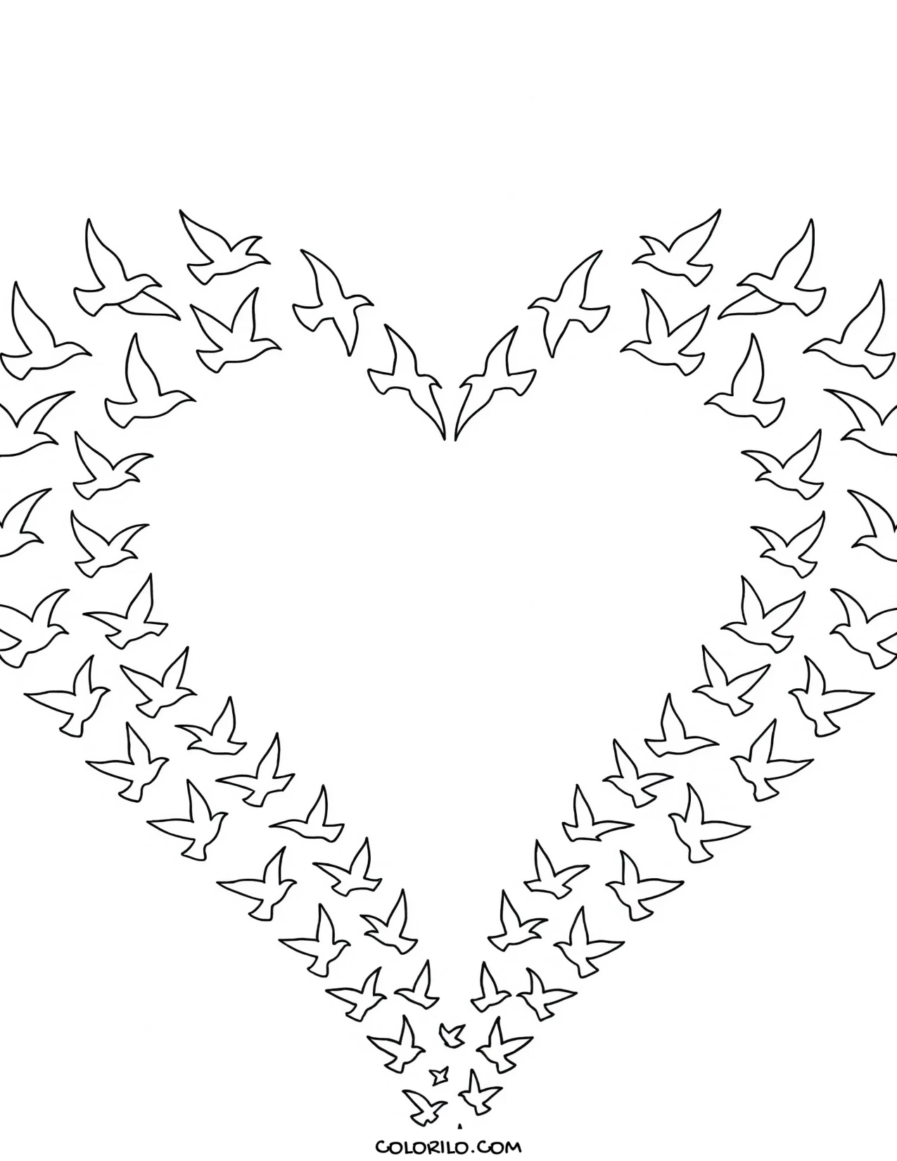 A heart formed from birds in flight coloring page