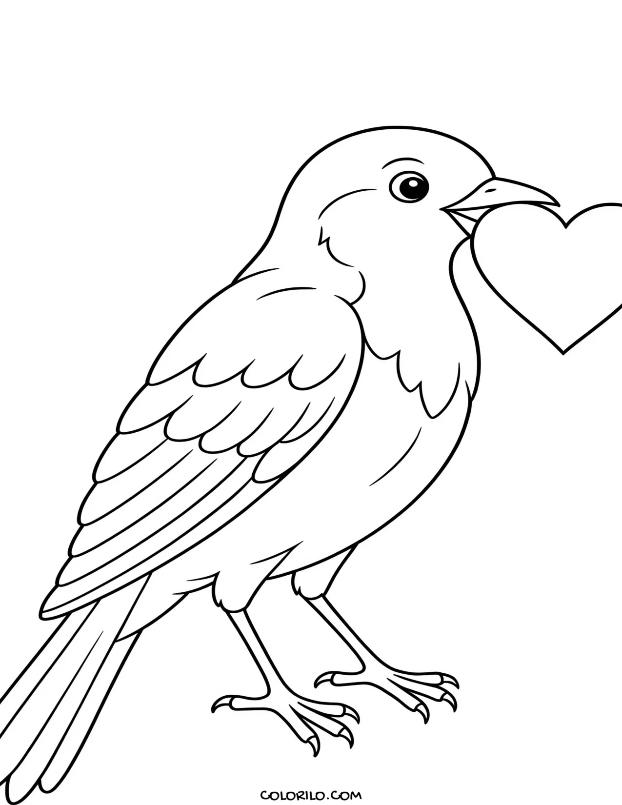 A bird carrying a heart coloring page