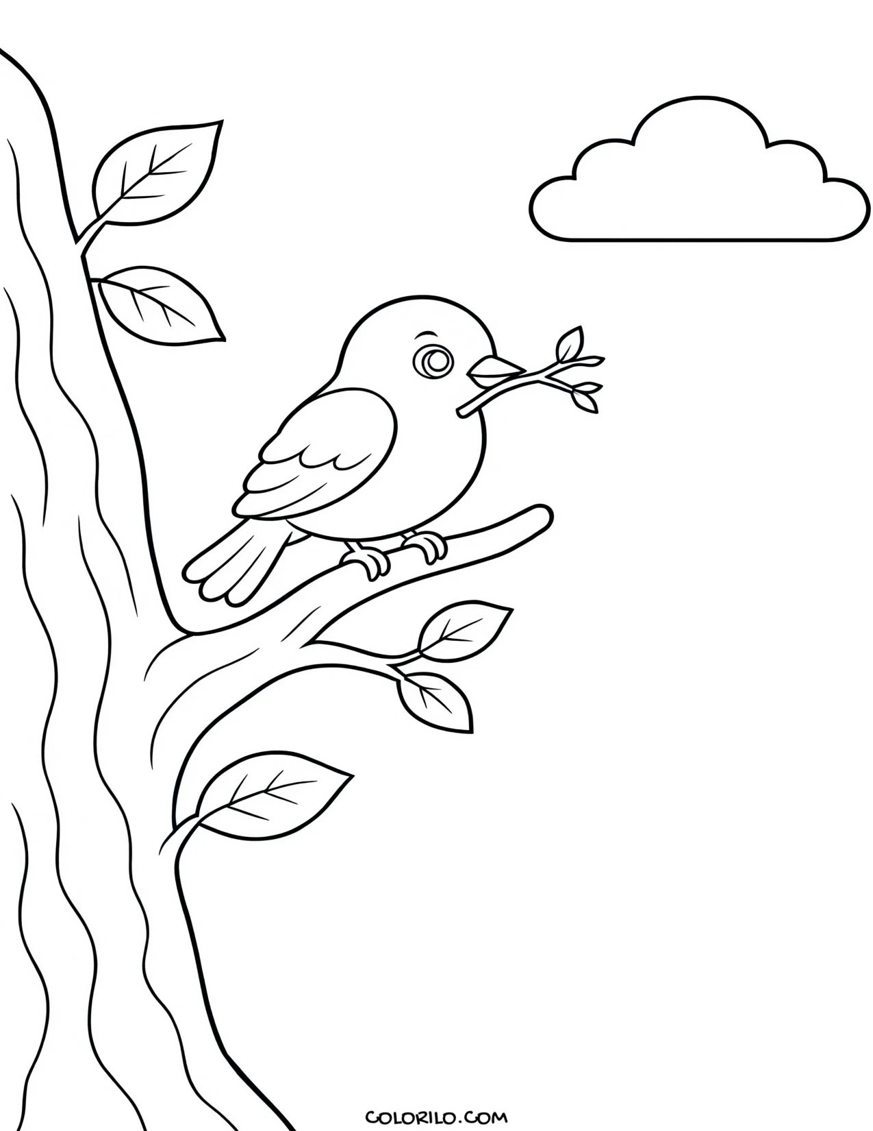 a small songbird perched on a bare twig coloring page