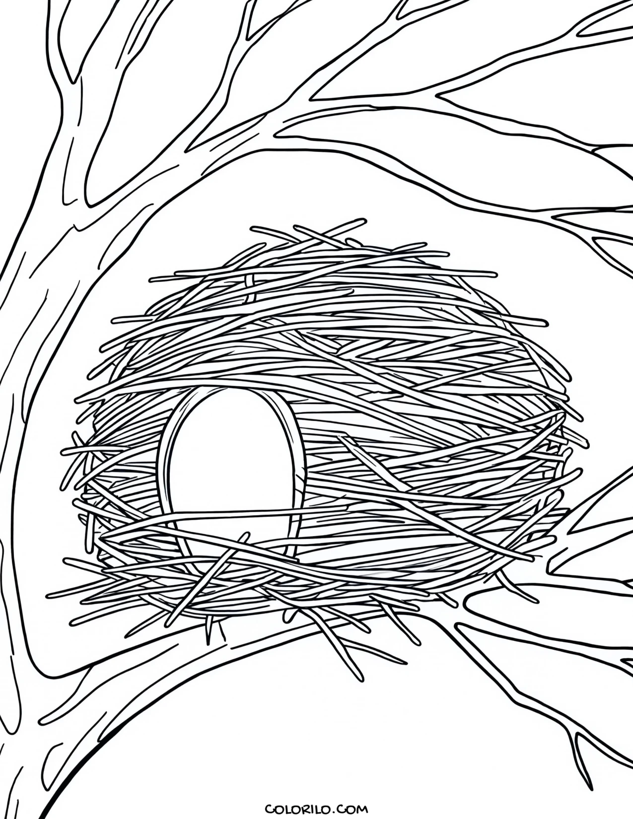 A house built like a bird's nest from twigs coloring page