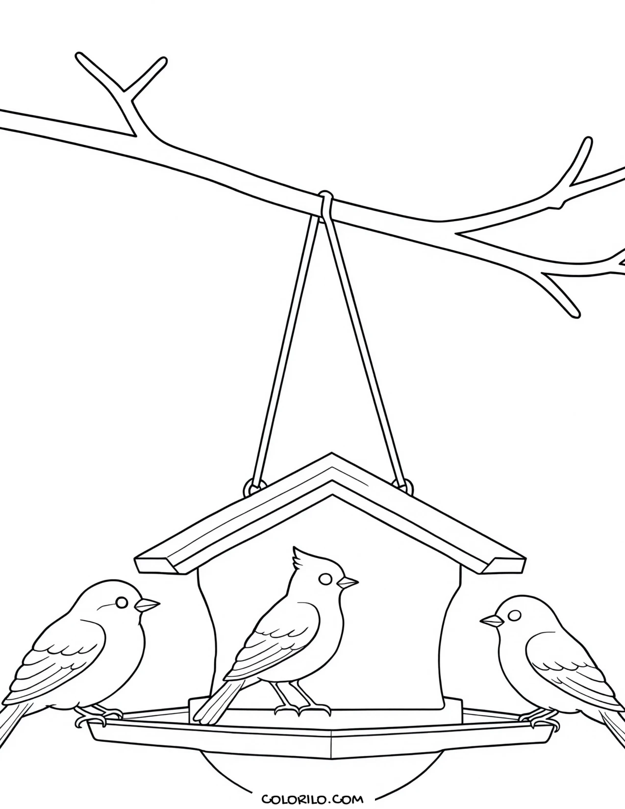Birds gathered at a winter feeder coloring page
