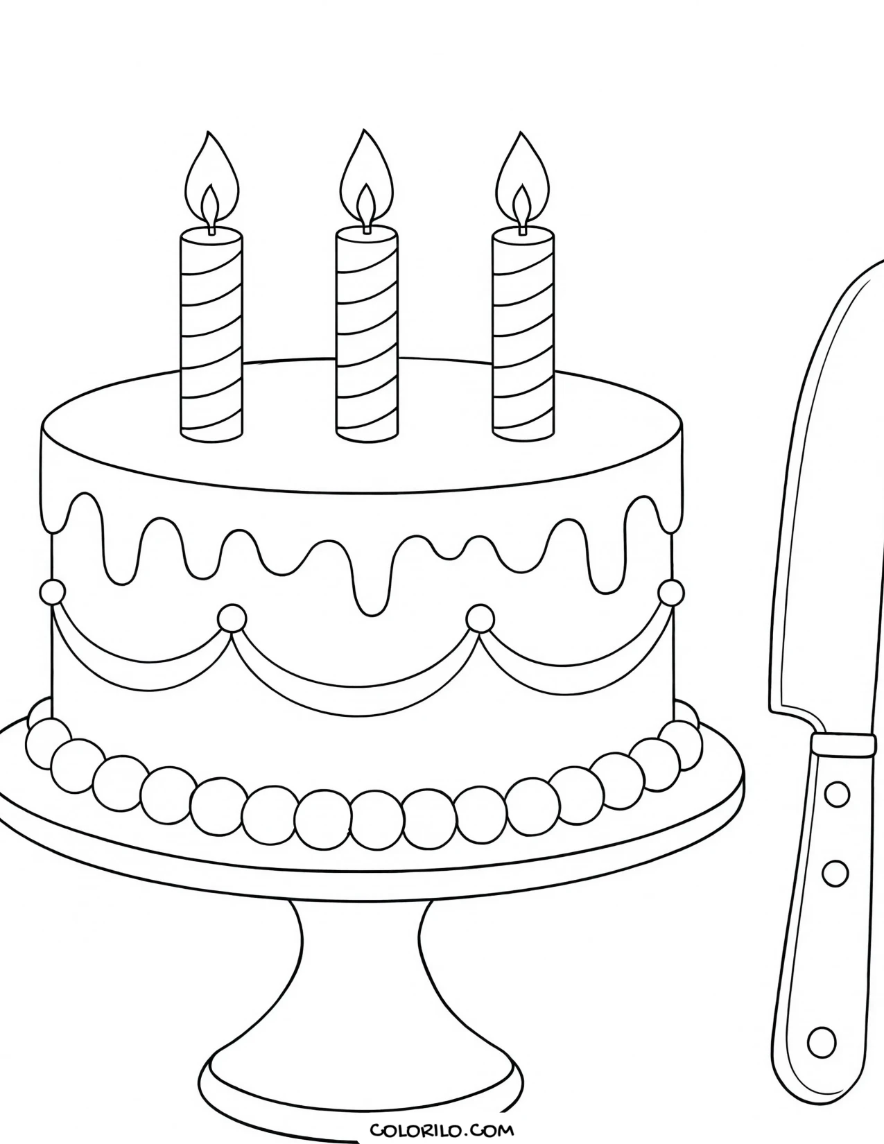 A birthday cake on a stand with candles coloring page