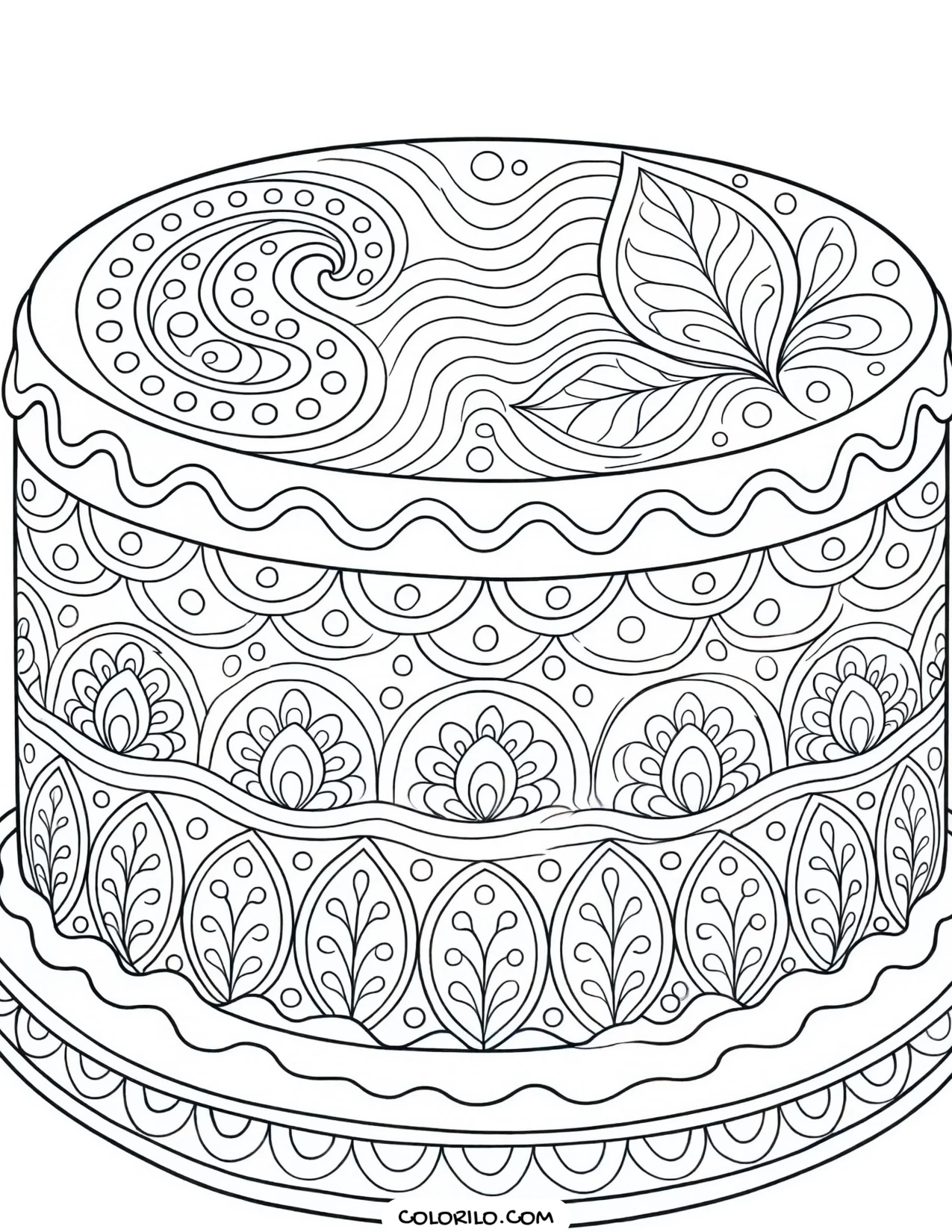 A birthday cake filled with zentangle pattern coloring page