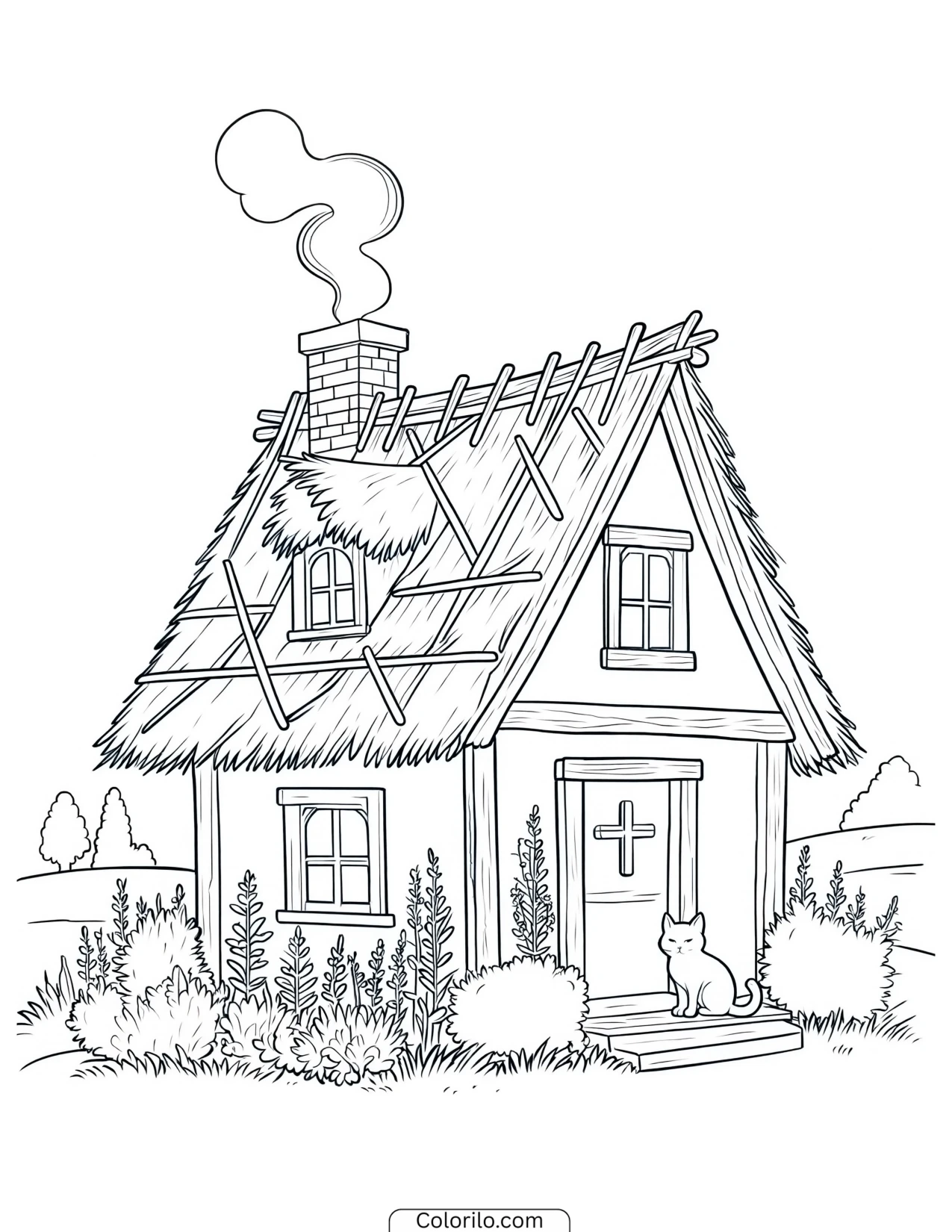 Black cat sitting beside a cottage door coloring page