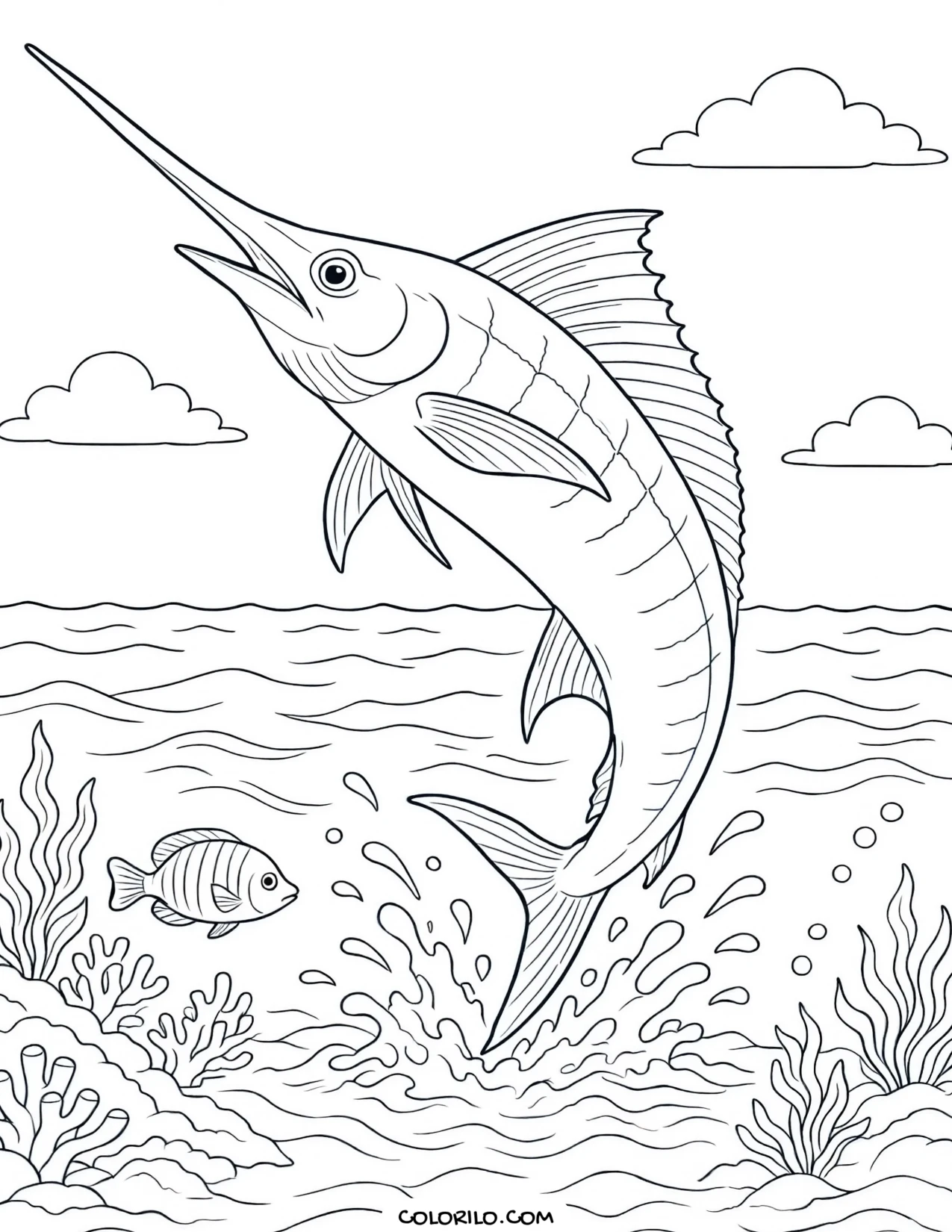 A blue marlin leaping from the open ocean coloring page