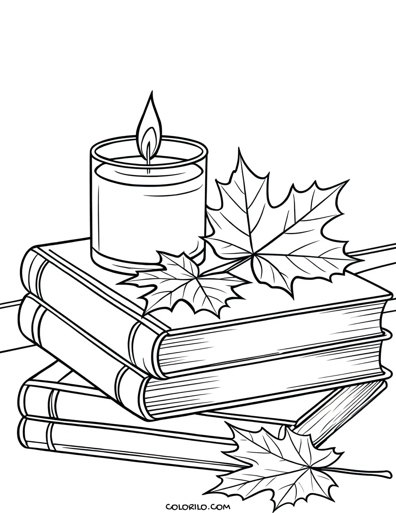 Books and a candle surrounded by maple leaves coloring page
