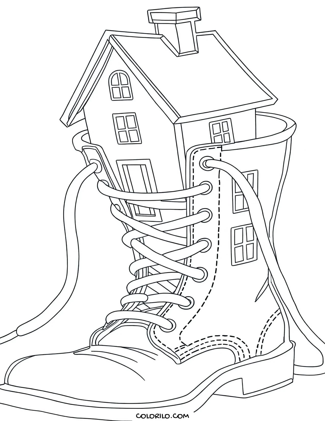 A house built inside an old boot coloring page