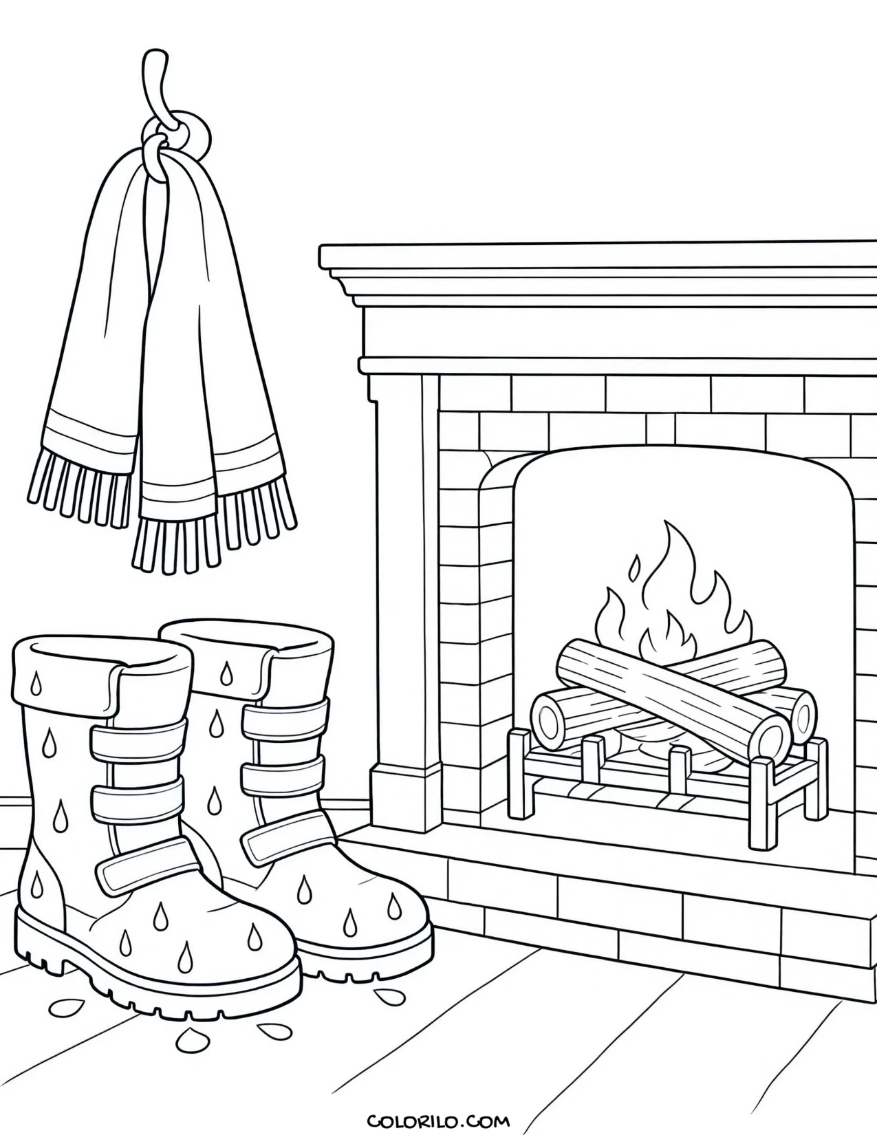 Boots and a scarf drying by the fireplace coloring page