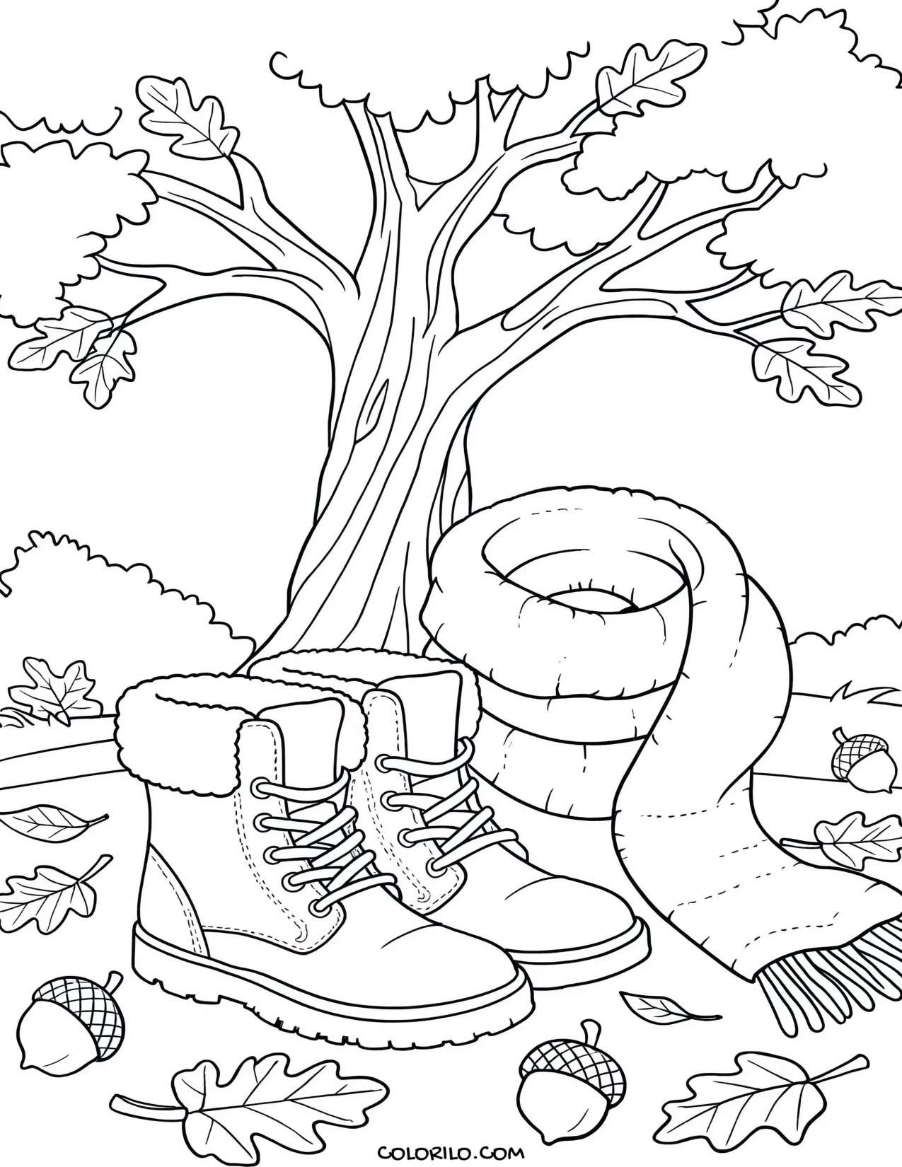Boots and a scarf beside an oak tree coloring page