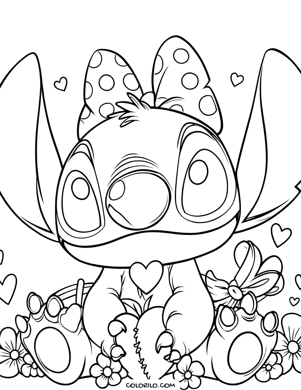 Stitch with a bow beside a stitched heart coloring page