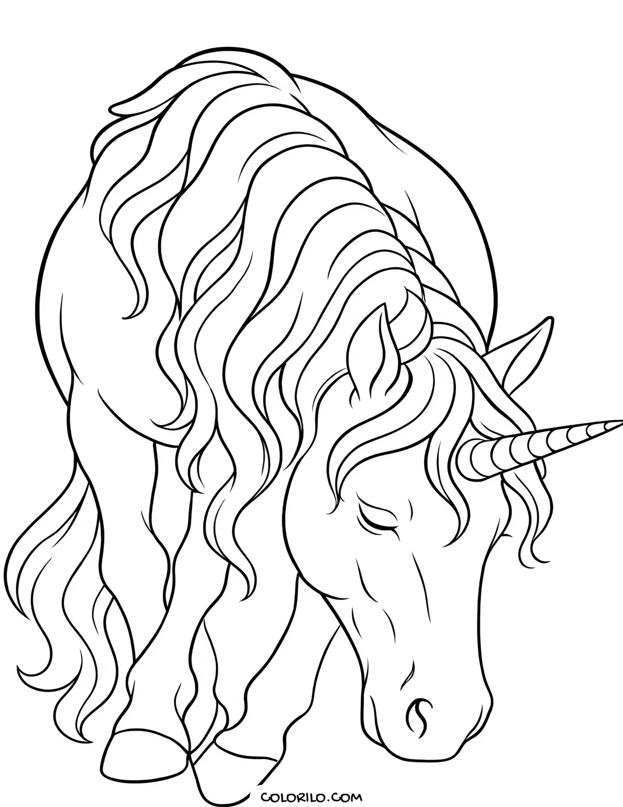 A unicorn with its head bowed coloring page