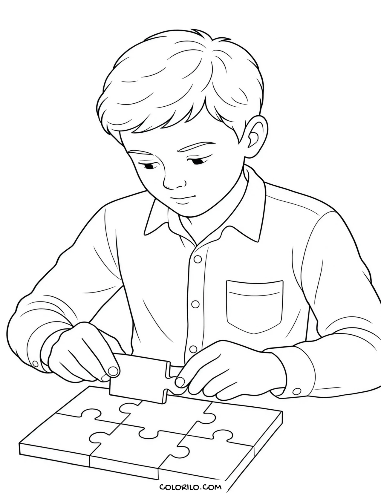 A boy assembling a wooden puzzle coloring page