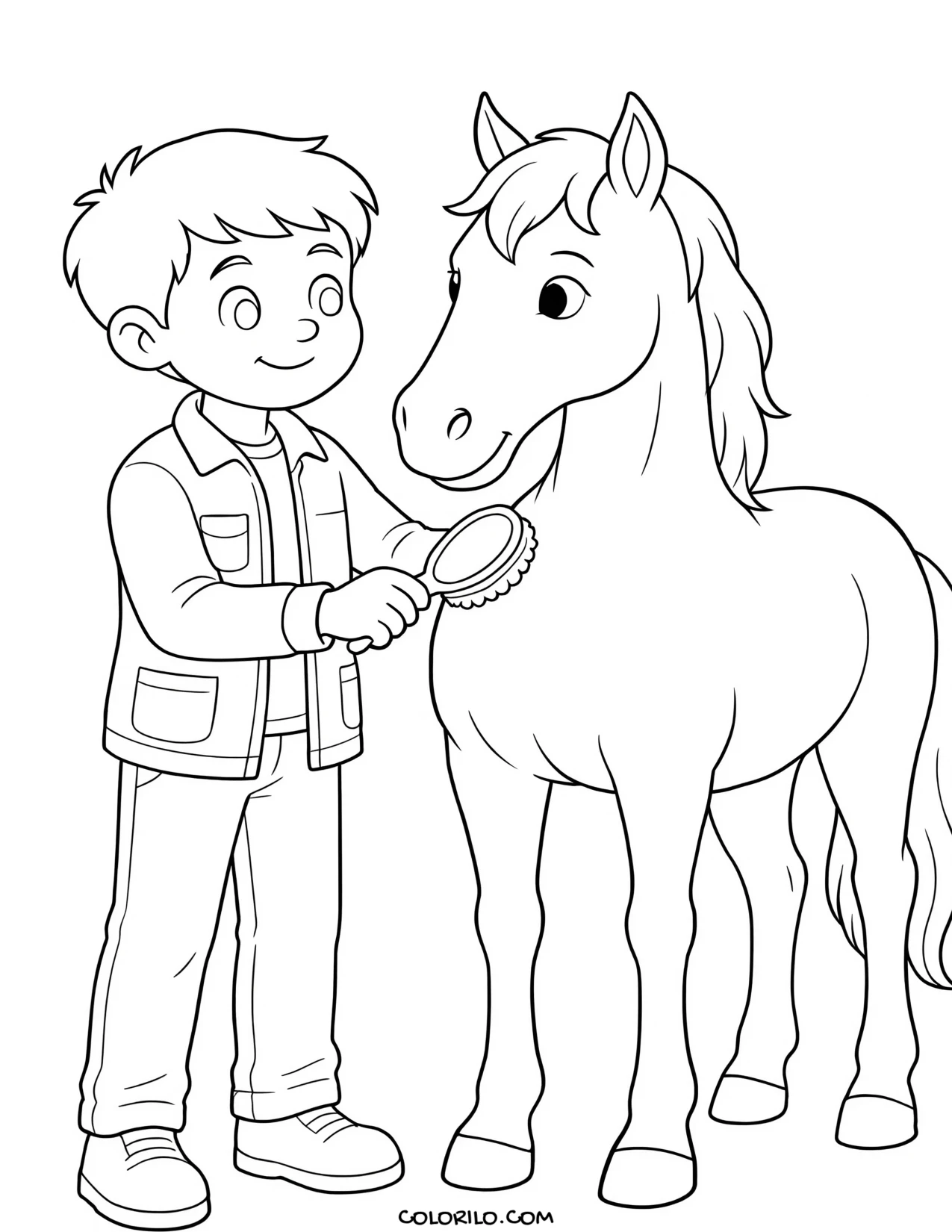 A boy brushing a horse coloring page