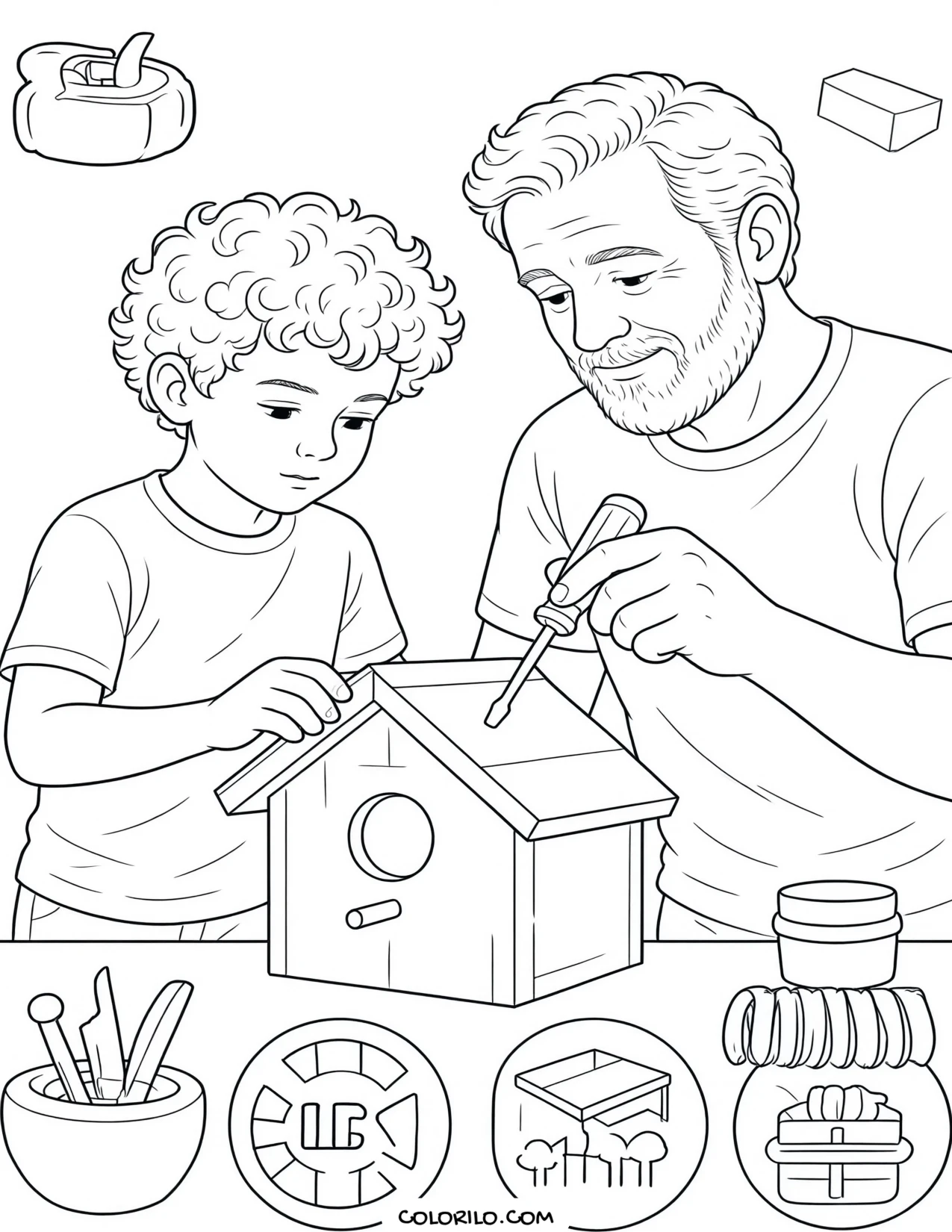 A boy building a birdhouse with his grandfather coloring page