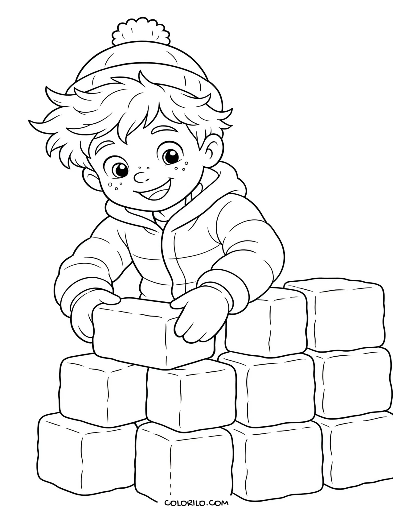 A boy building a fort out of snow coloring page