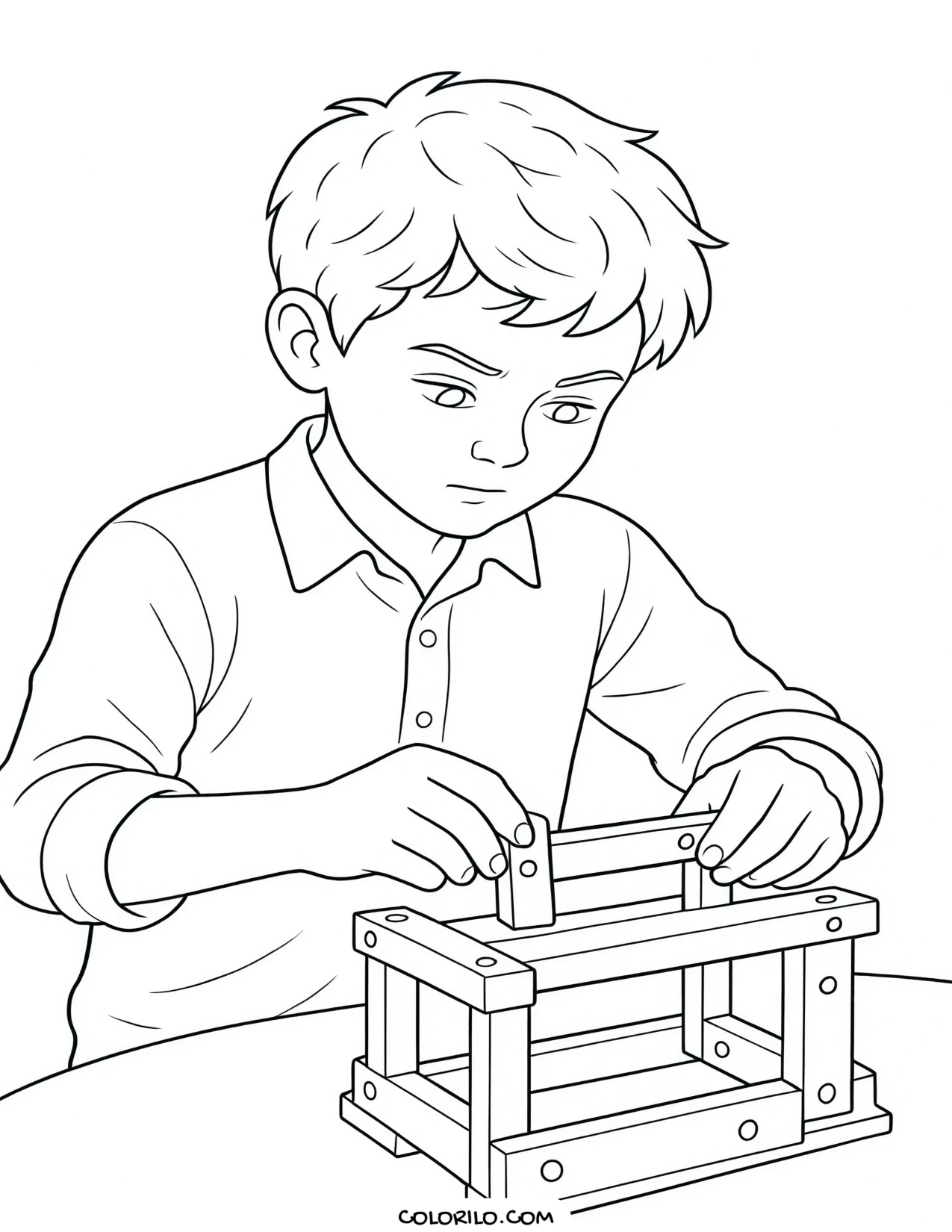 A boy building a wooden model coloring page