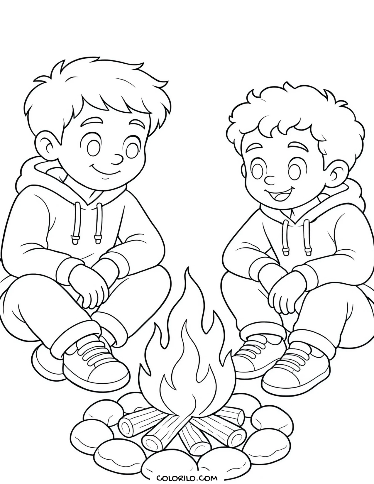 A boy at a campfire with a friend coloring page
