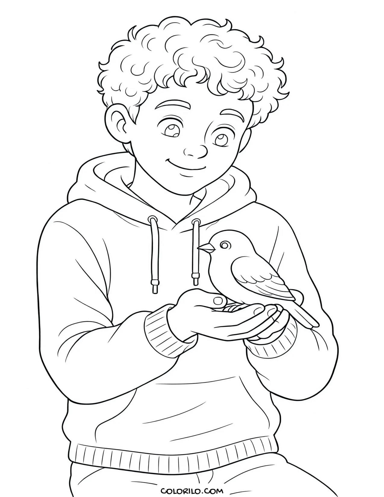 A boy caring for a small bird coloring page