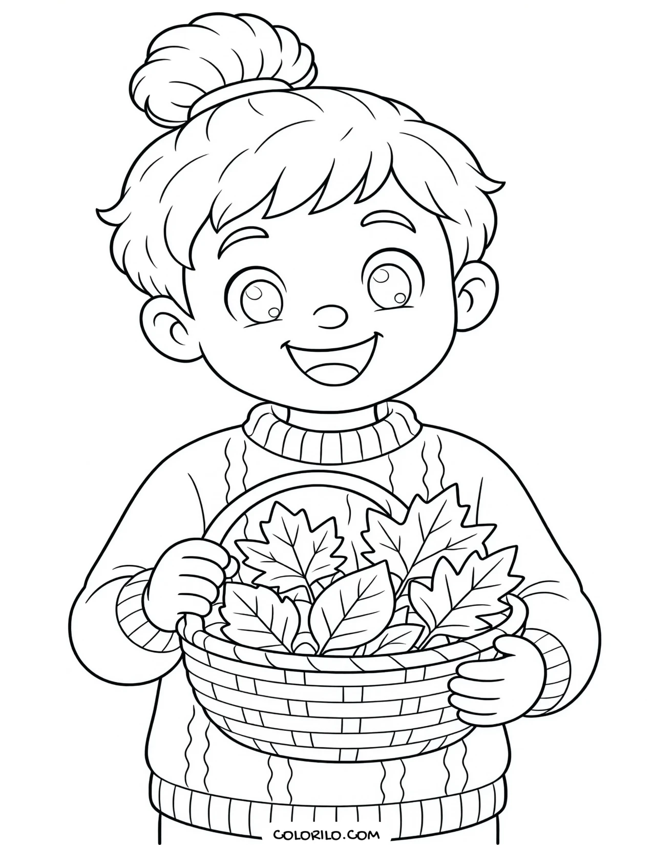A boy collecting fallen autumn leaves coloring page
