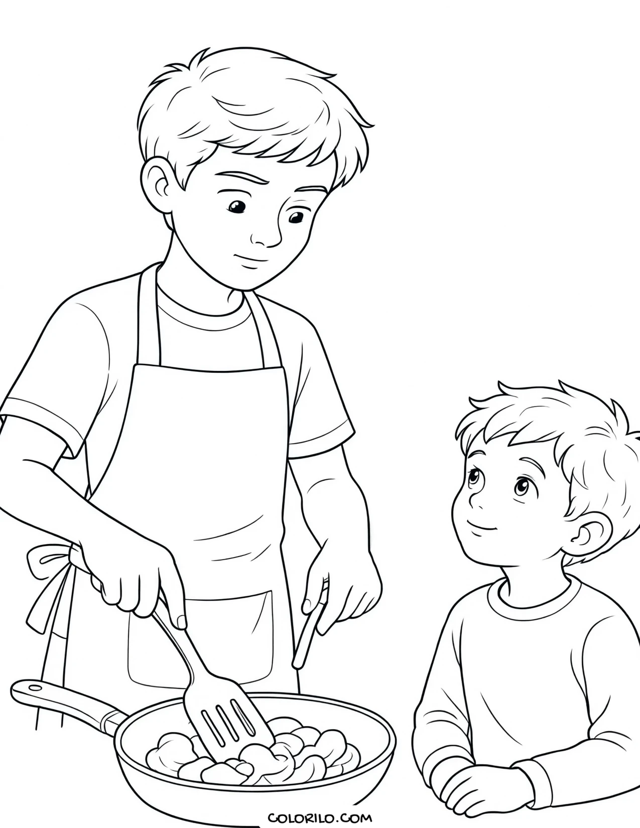 A boy cooking alongside his sibling coloring page