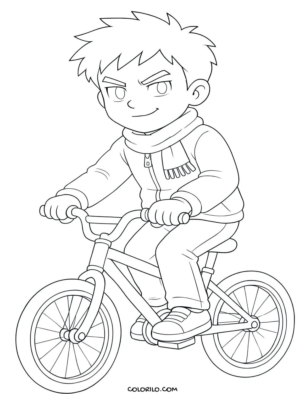 A boy cycling along a snowy path coloring page