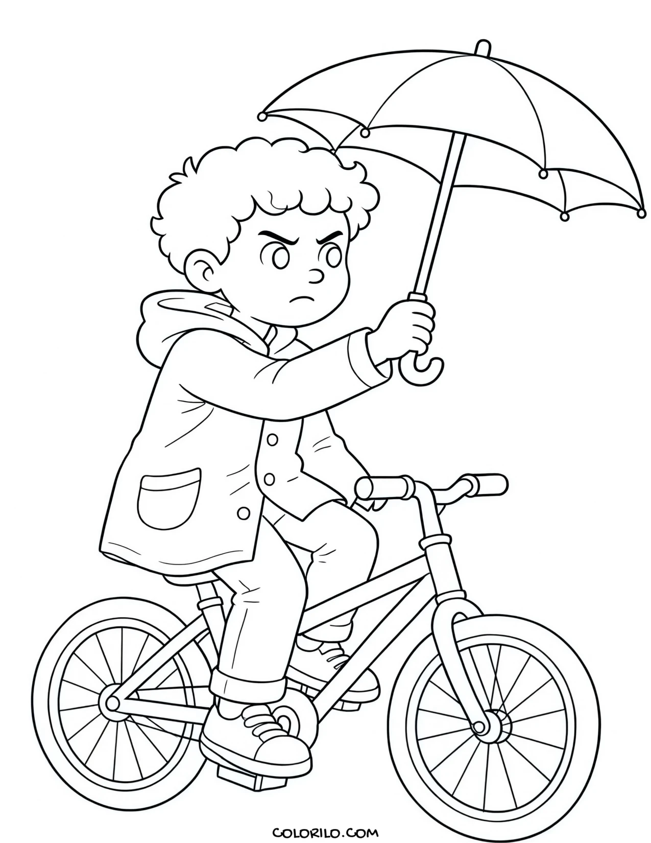 A boy cycling while holding an umbrella coloring page