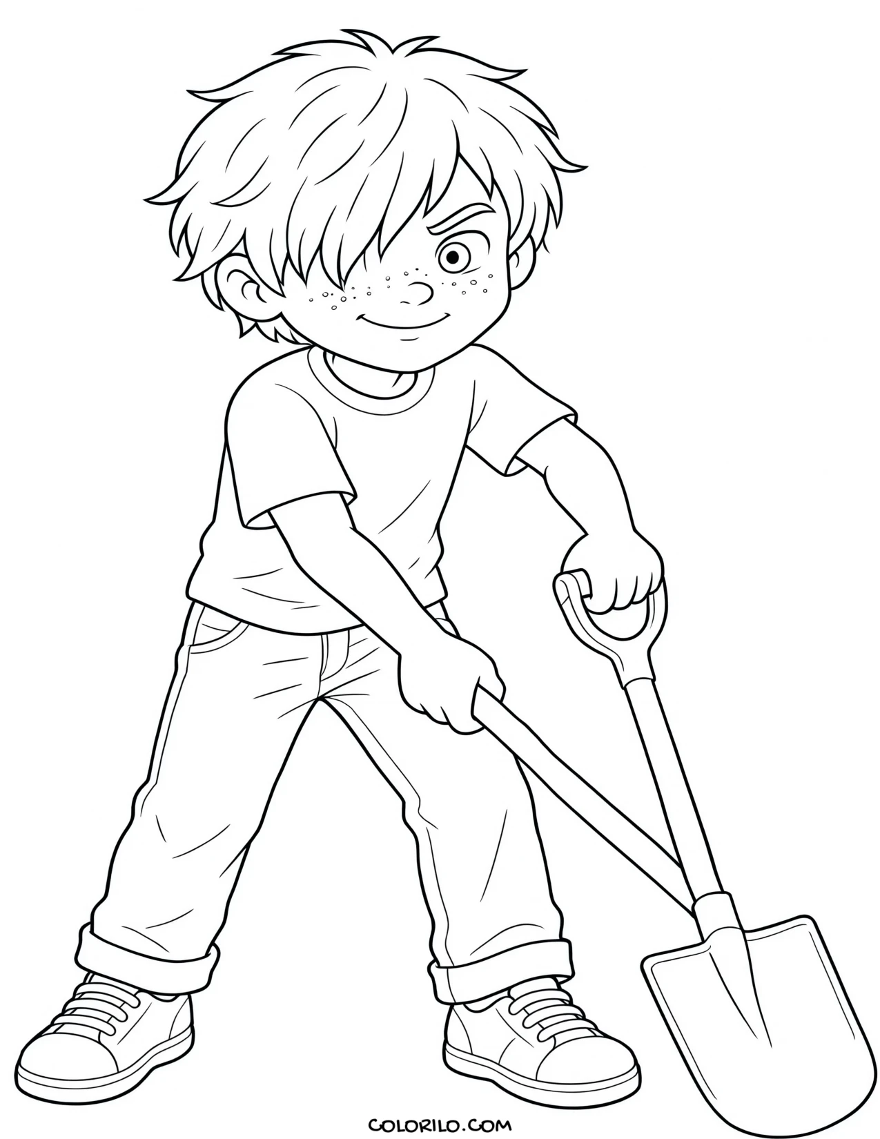 A boy digging in the garden soil coloring page