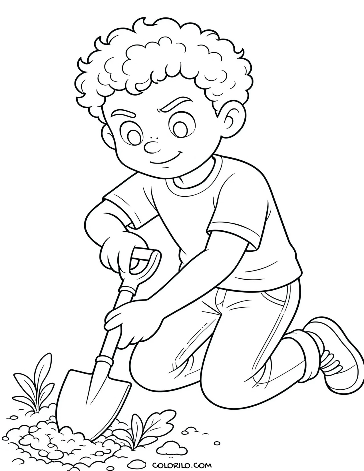 A boy digging and finding worms coloring page