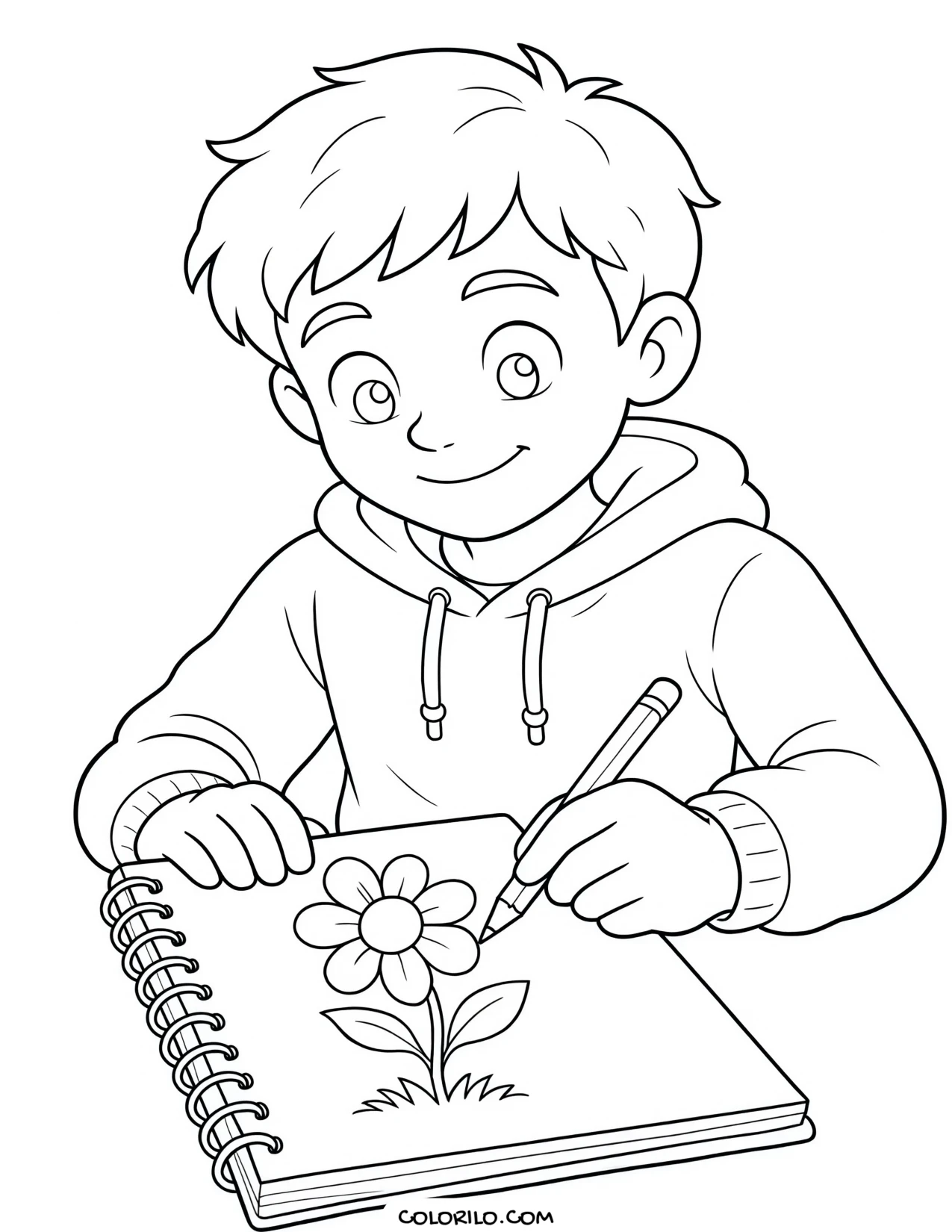 A boy drawing in his sketchbook coloring page