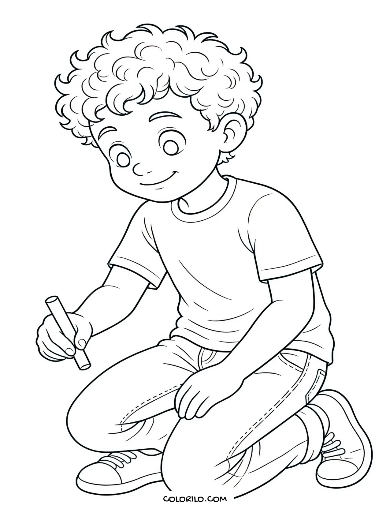 A boy drawing on the pavement with chalk coloring page
