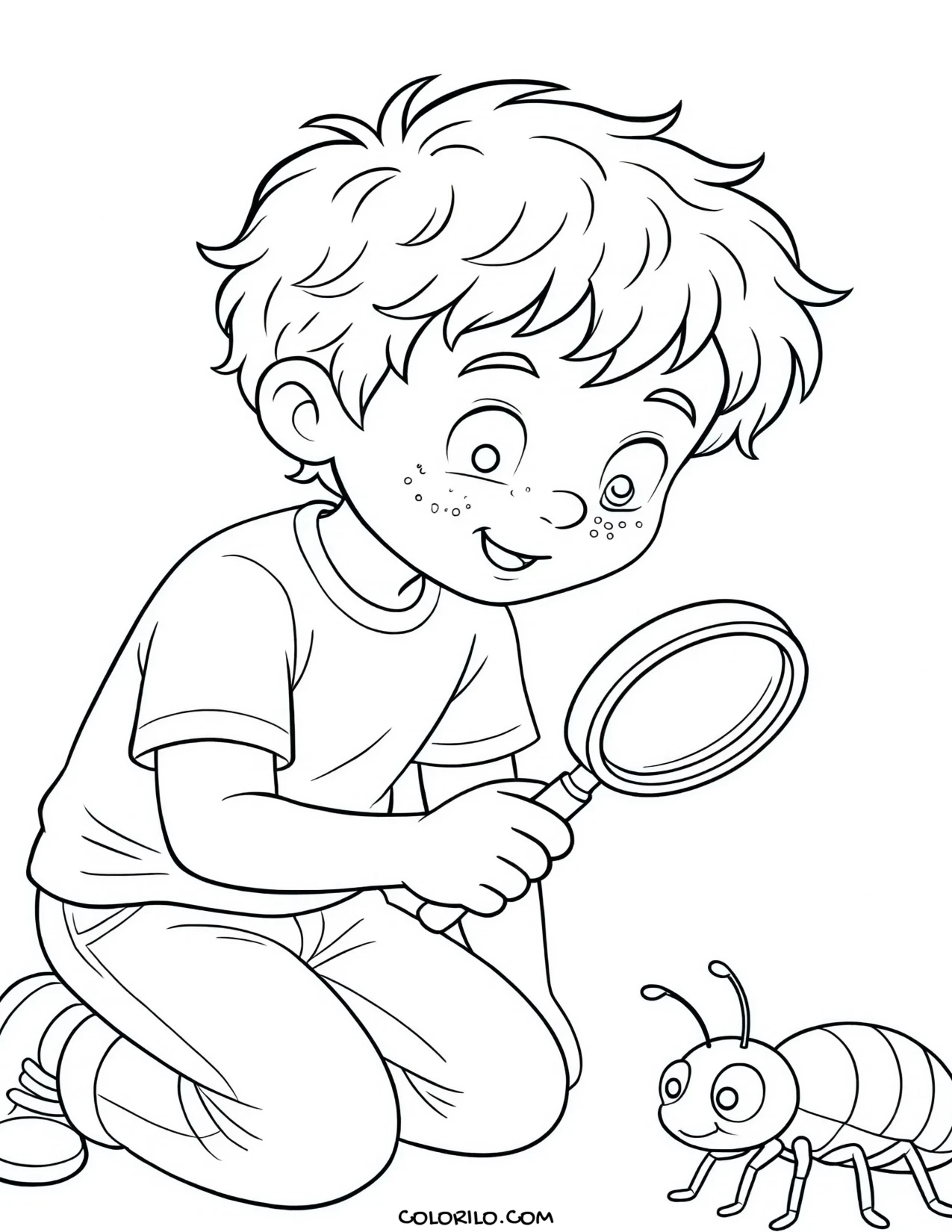 A boy examining an insect closely coloring page