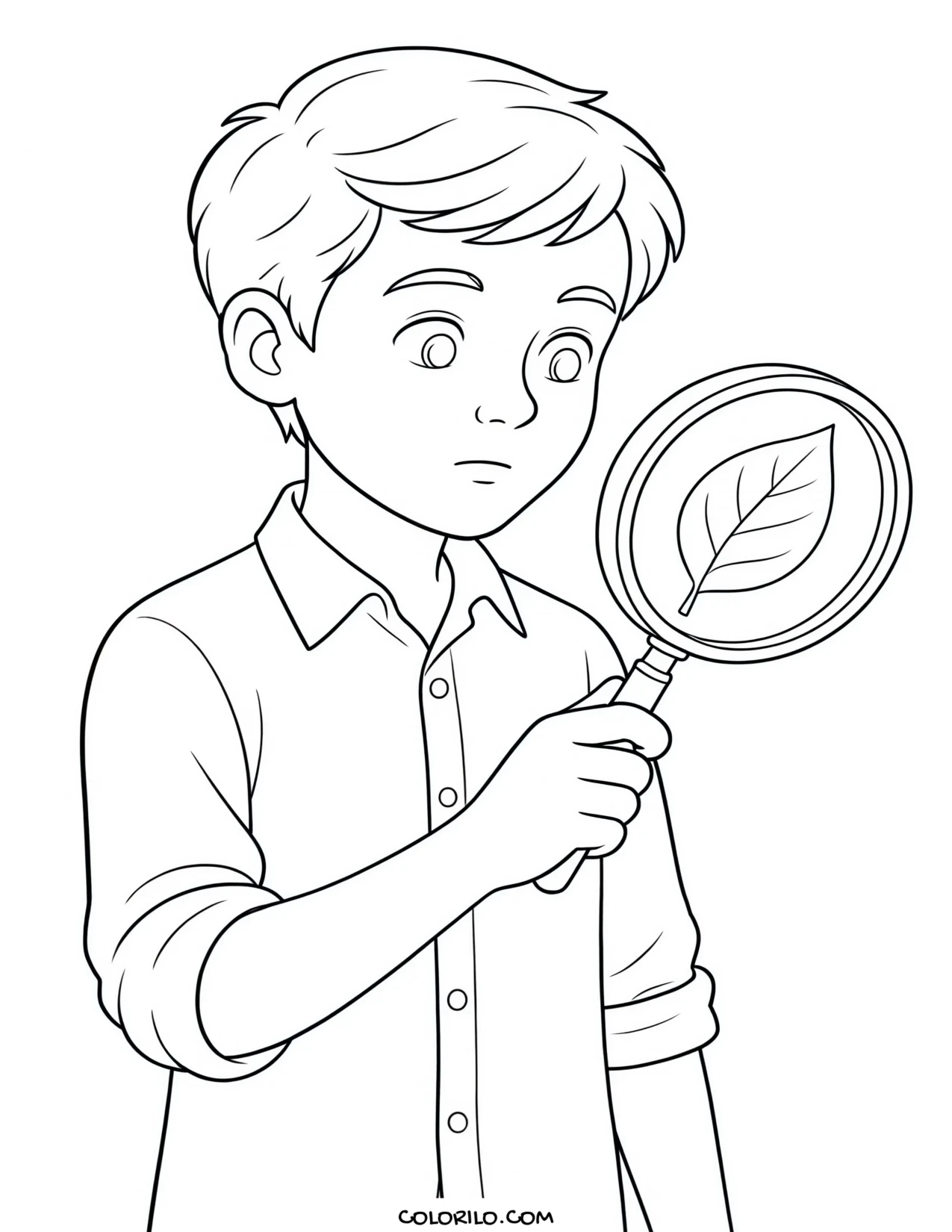 A boy examining a leaf through a magnifying glass coloring page