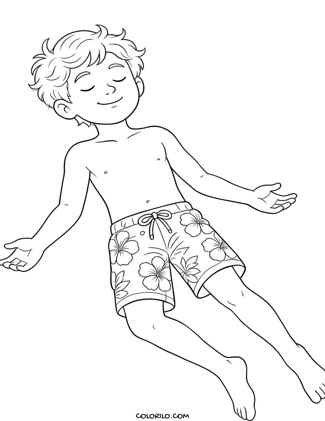 A boy floating on his back in the water coloring page