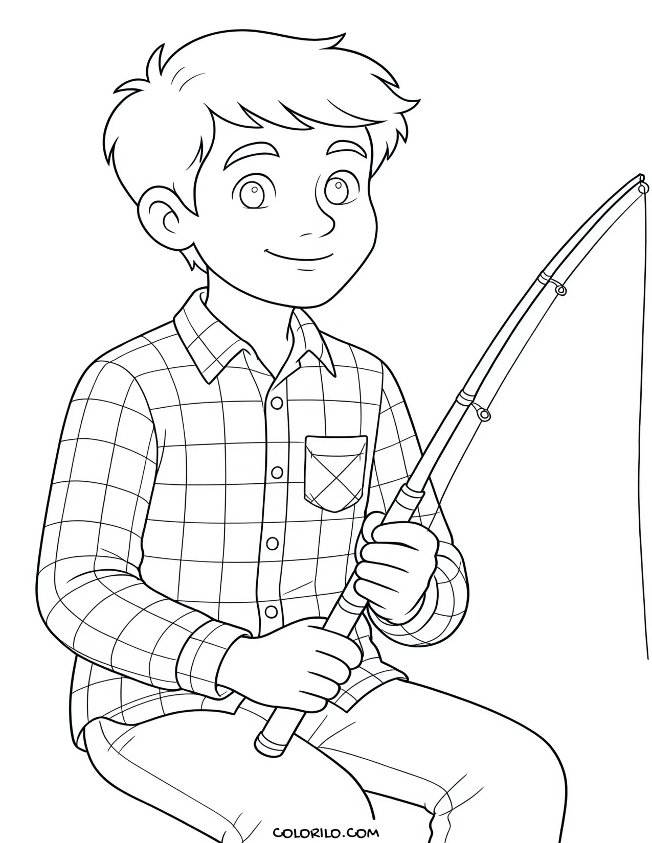 A boy holding a fishing rod coloring page