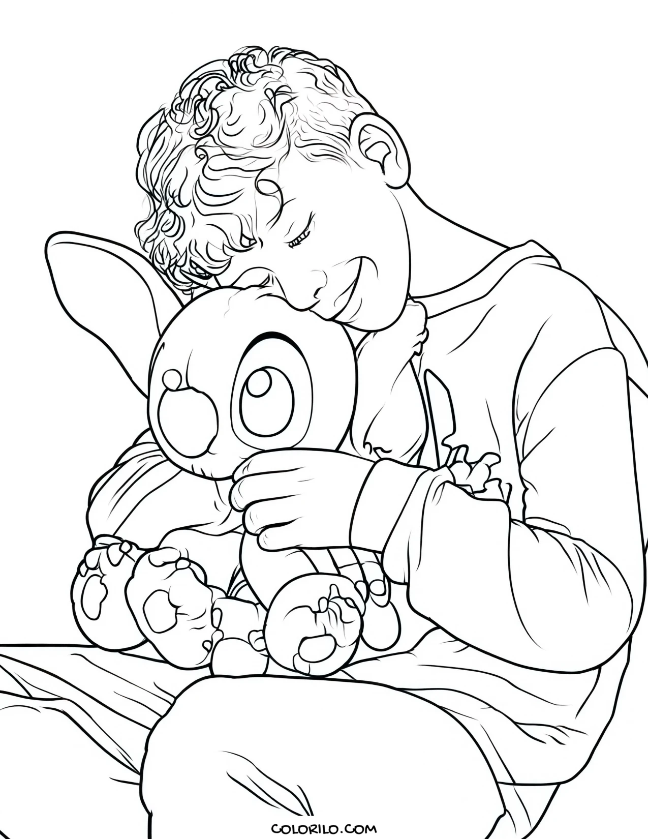 A boy hugging his Stitch soft toy coloring page