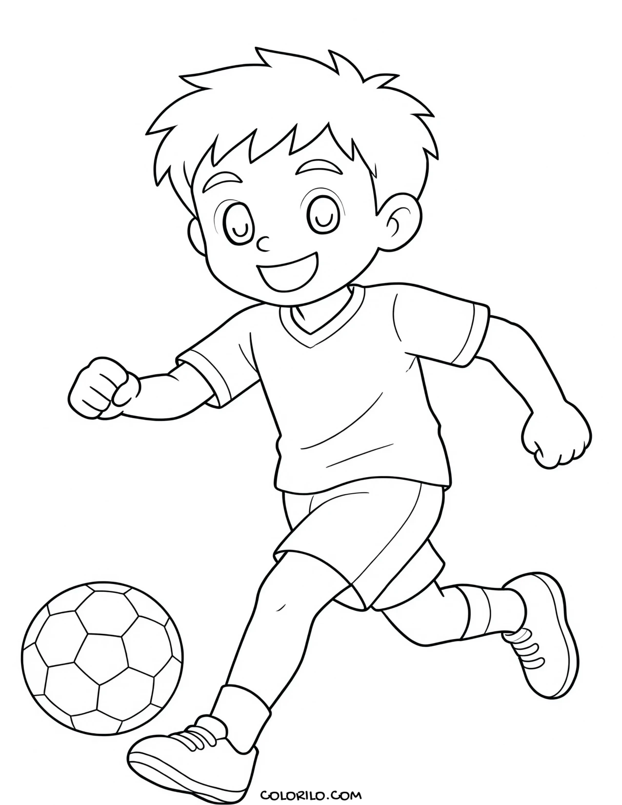A boy kicking a soccer ball coloring page