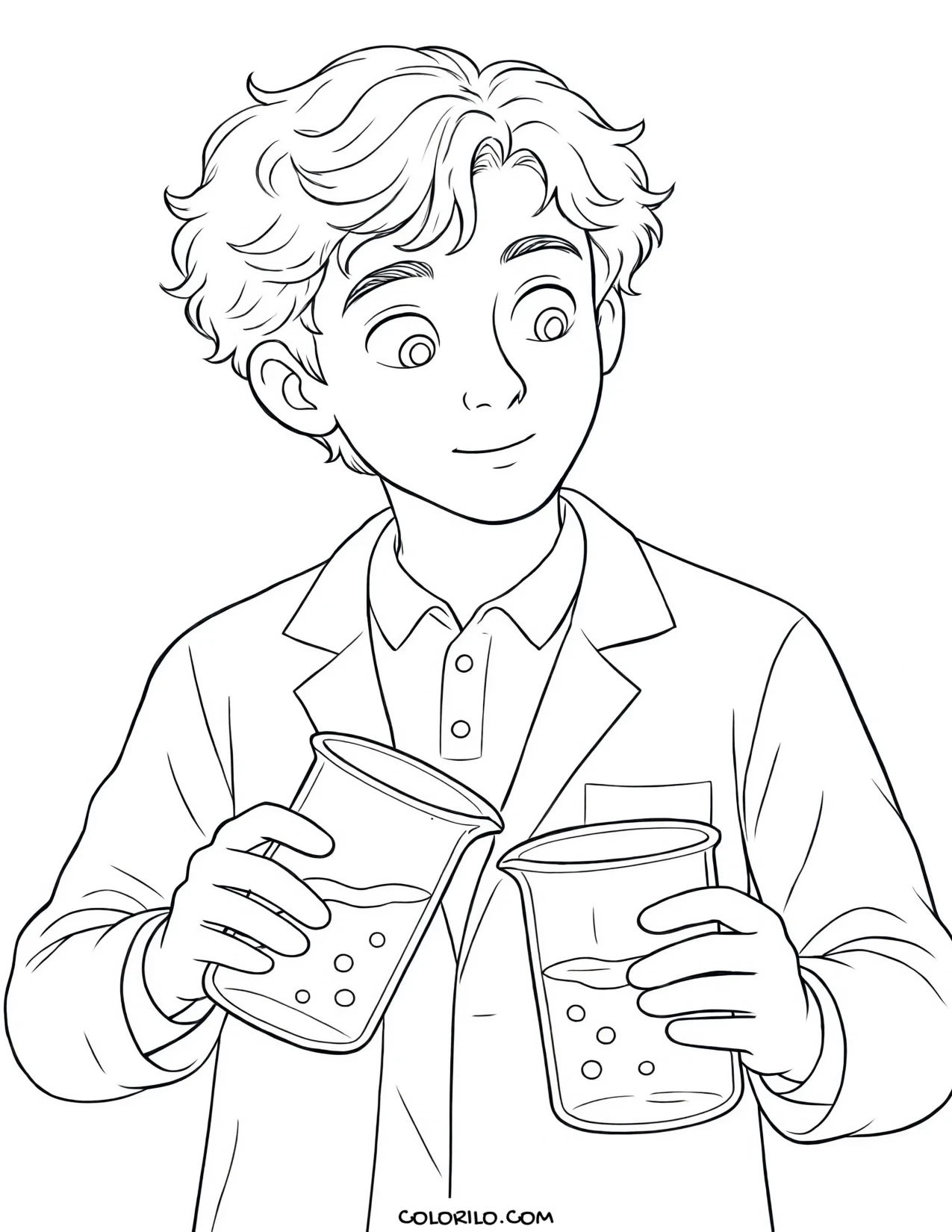 A boy mixing liquids in science beakers coloring page