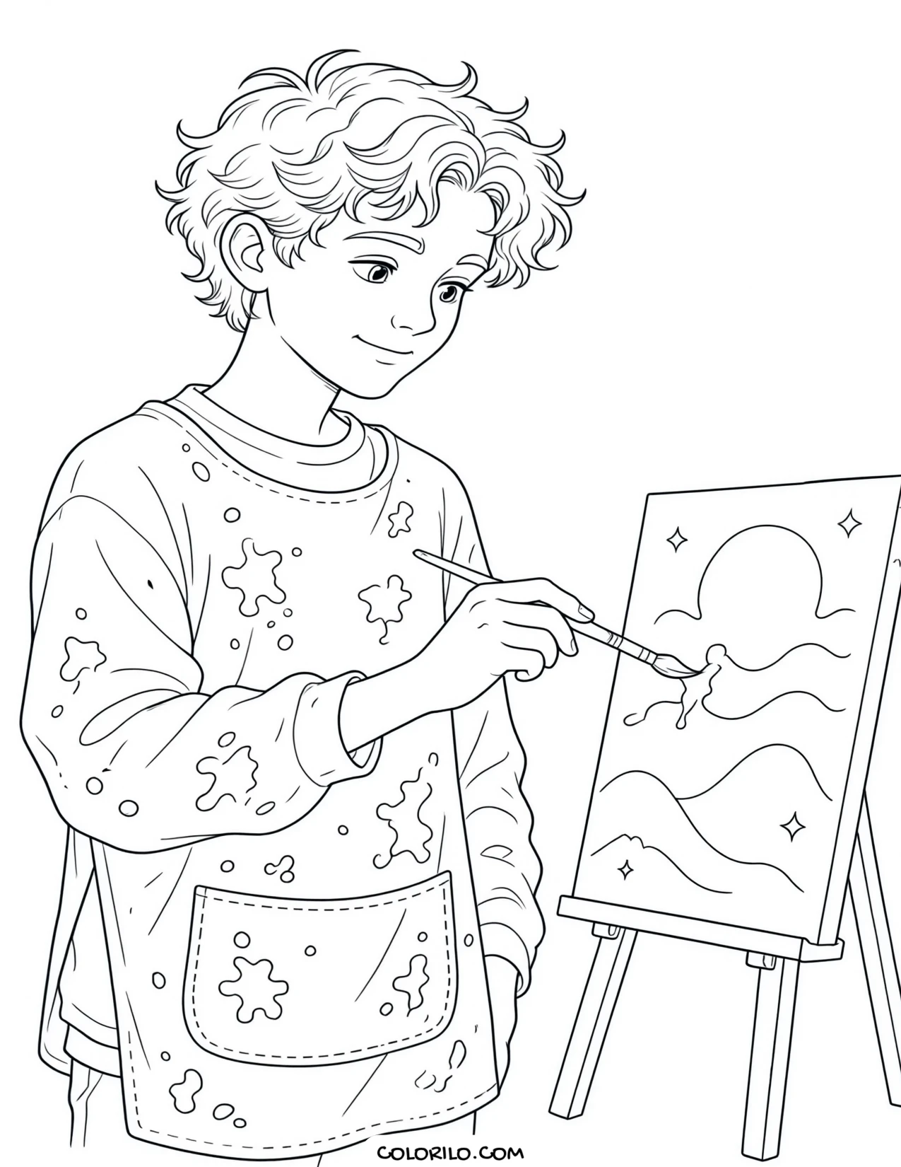 A boy painting on a canvas coloring page