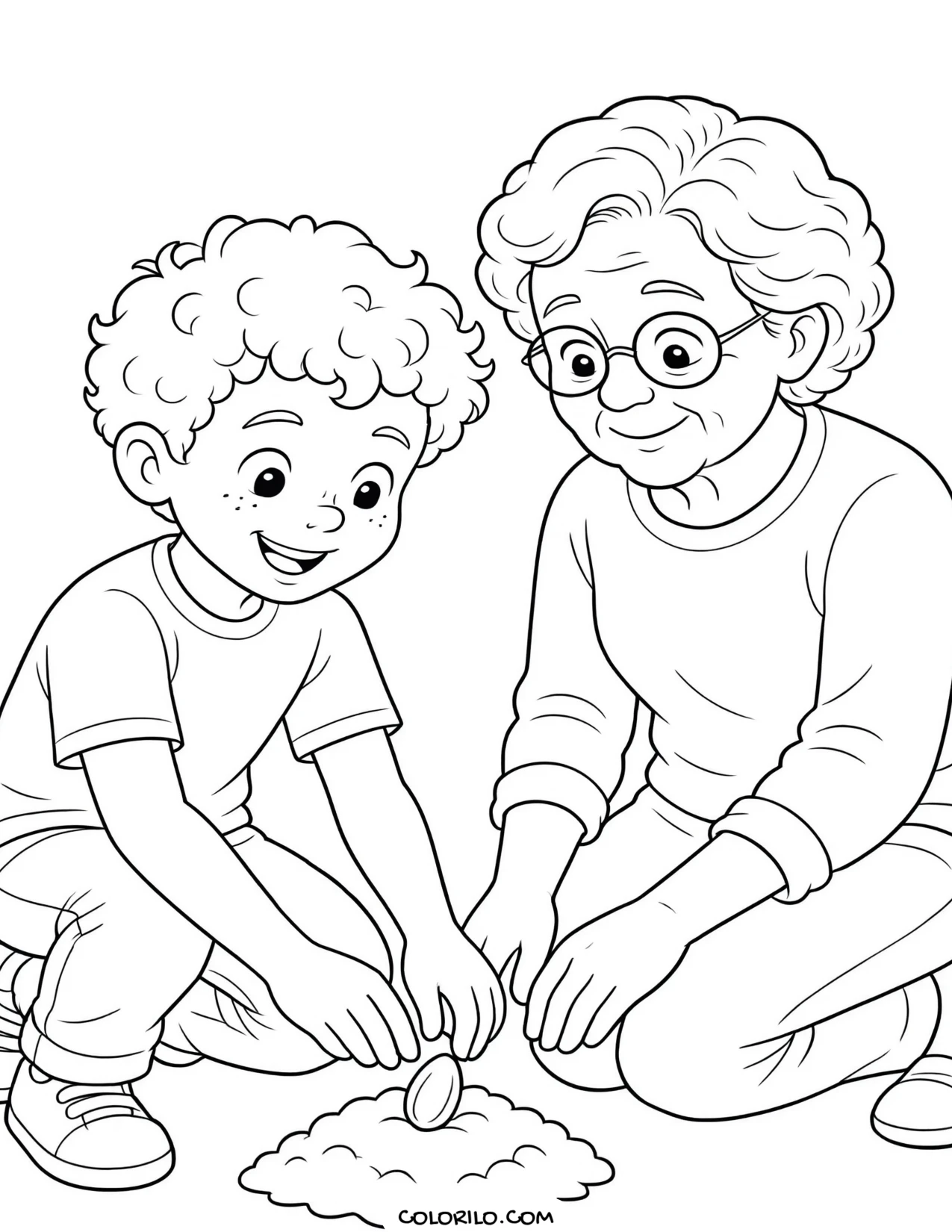 A boy planting seeds with his grandfather coloring page