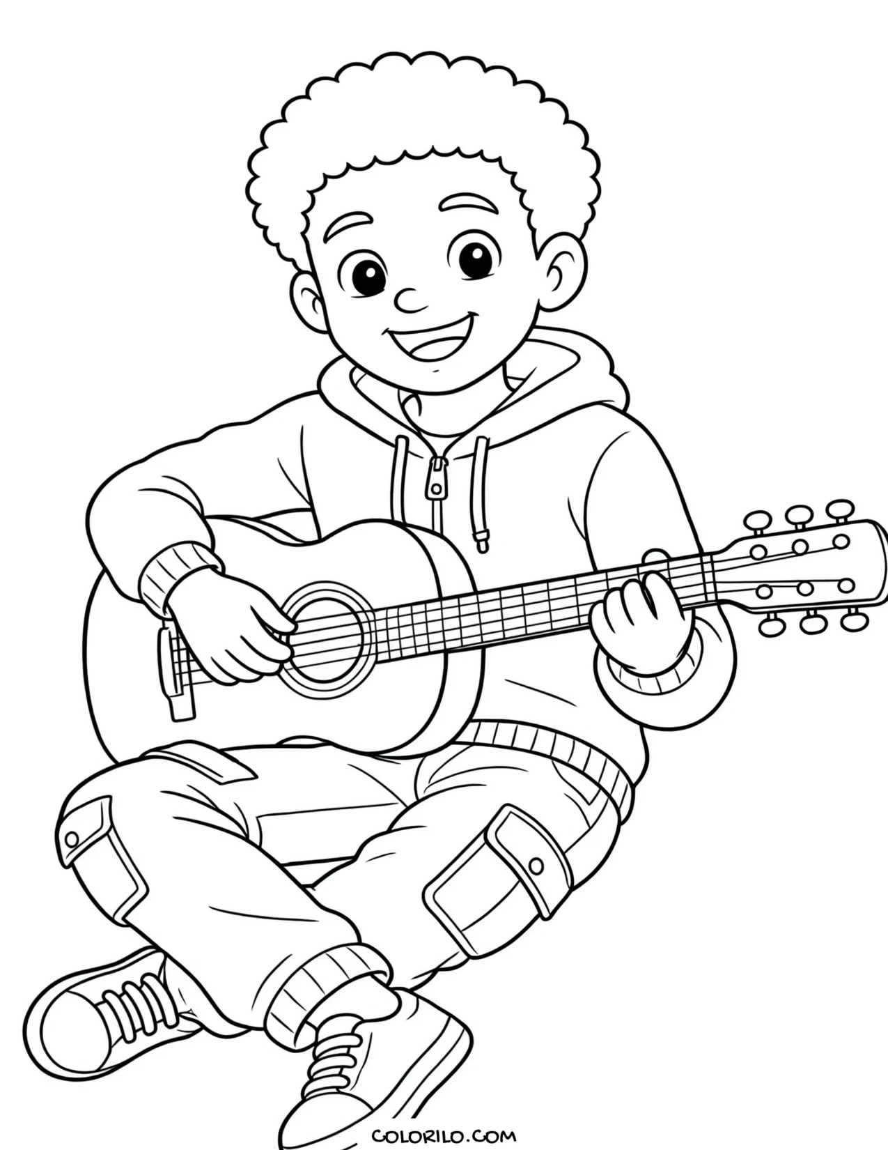 A boy playing an acoustic guitar coloring page