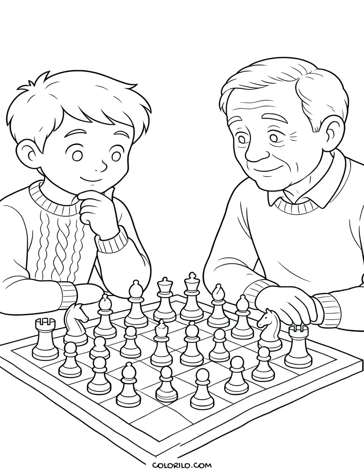 A boy playing chess with his grandfather coloring page