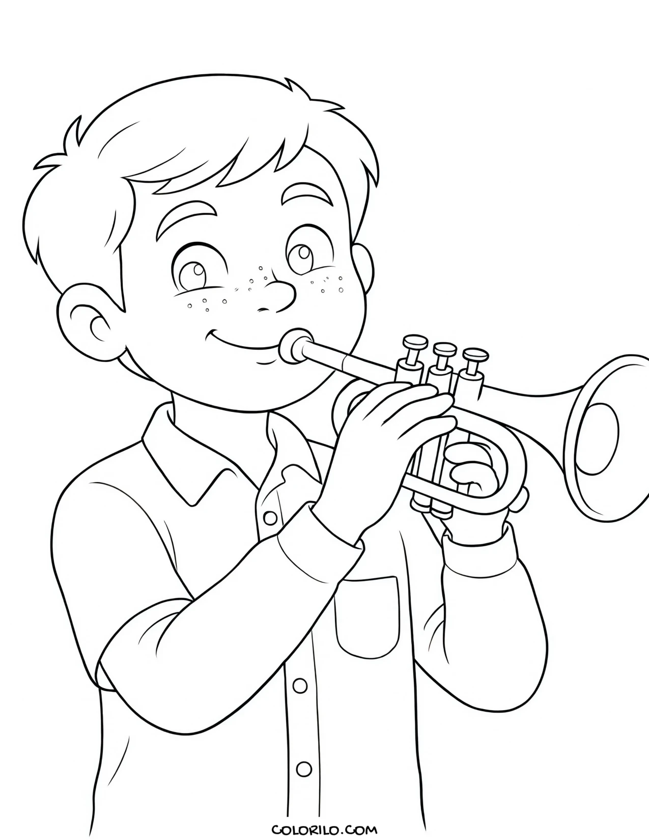 A boy playing a trumpet coloring page
