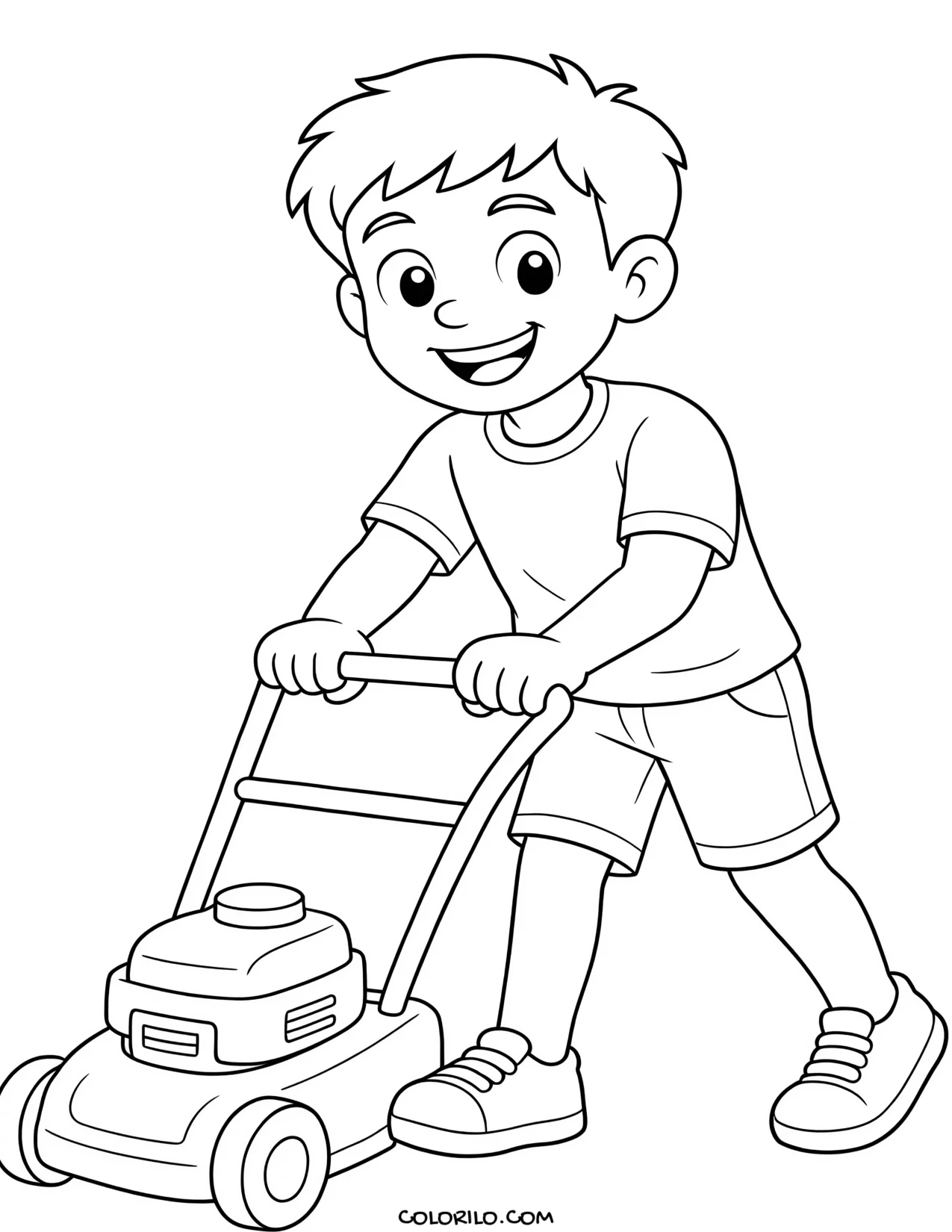 A boy pushing a lawn mower coloring page