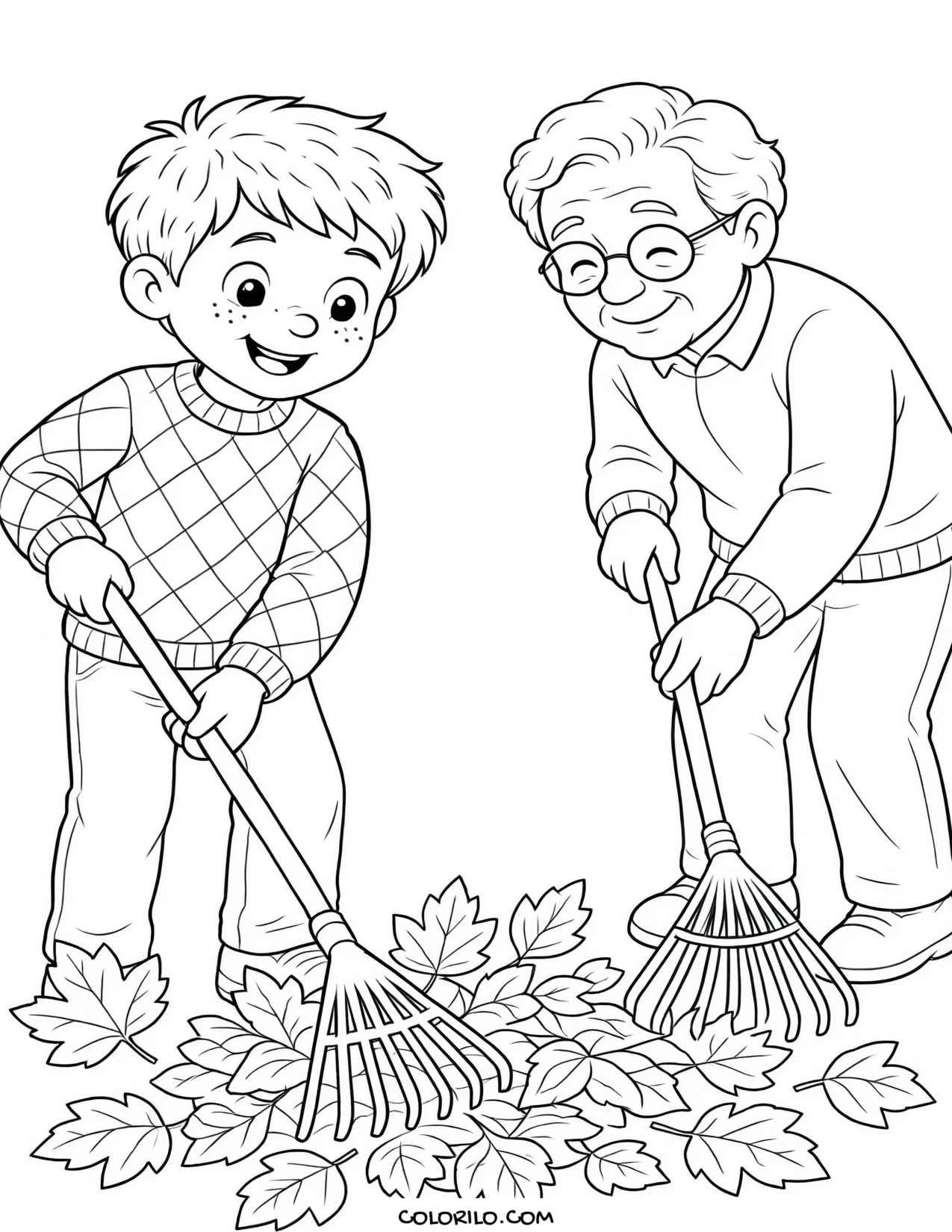 A boy raking leaves with his grandfather coloring page