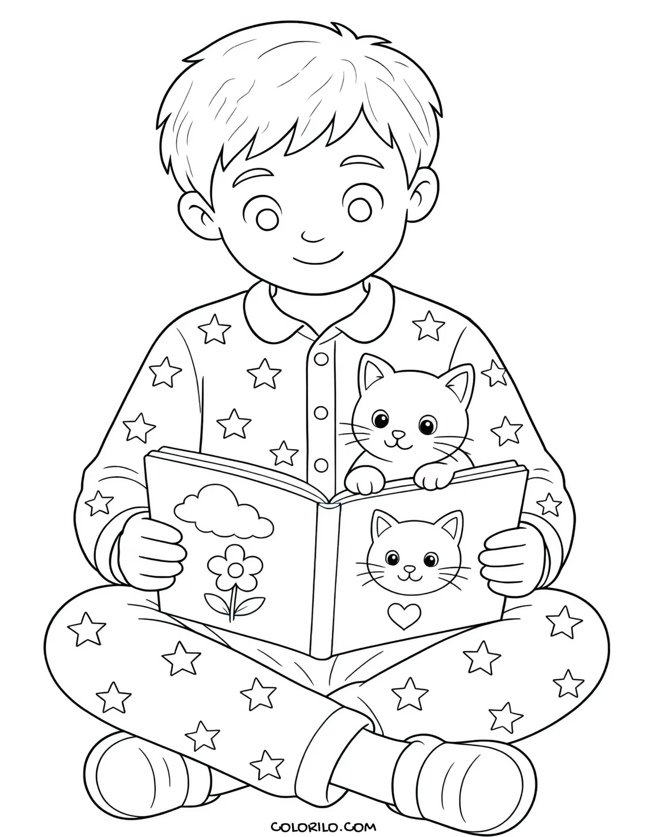 A boy reading aloud to his cat coloring page