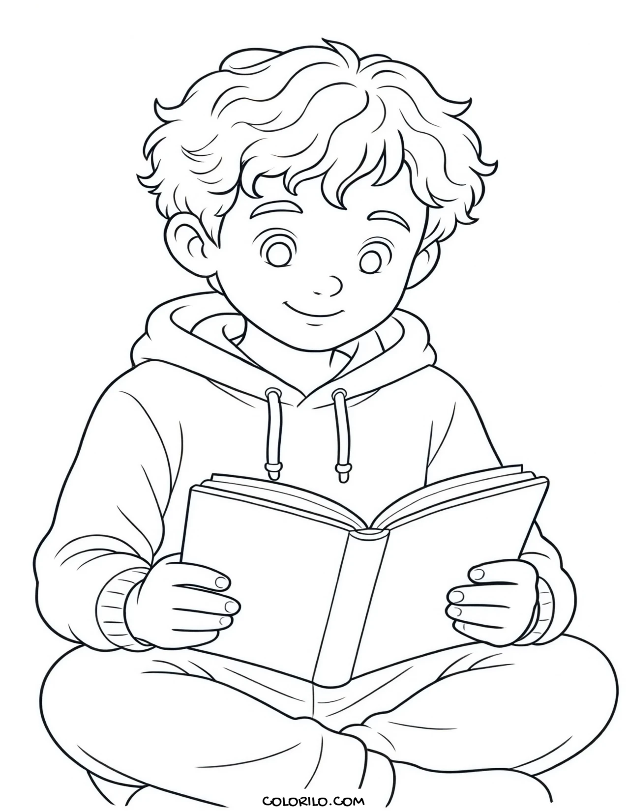 A boy reading a book under a tree coloring page