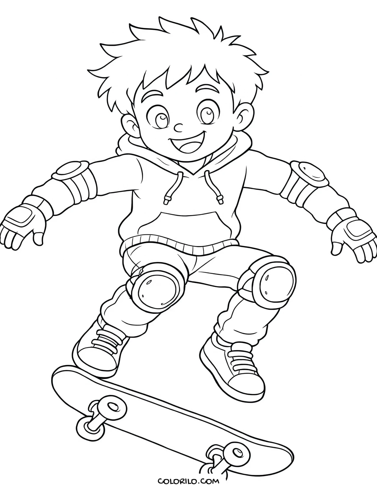 A boy performing a skateboard trick coloring page