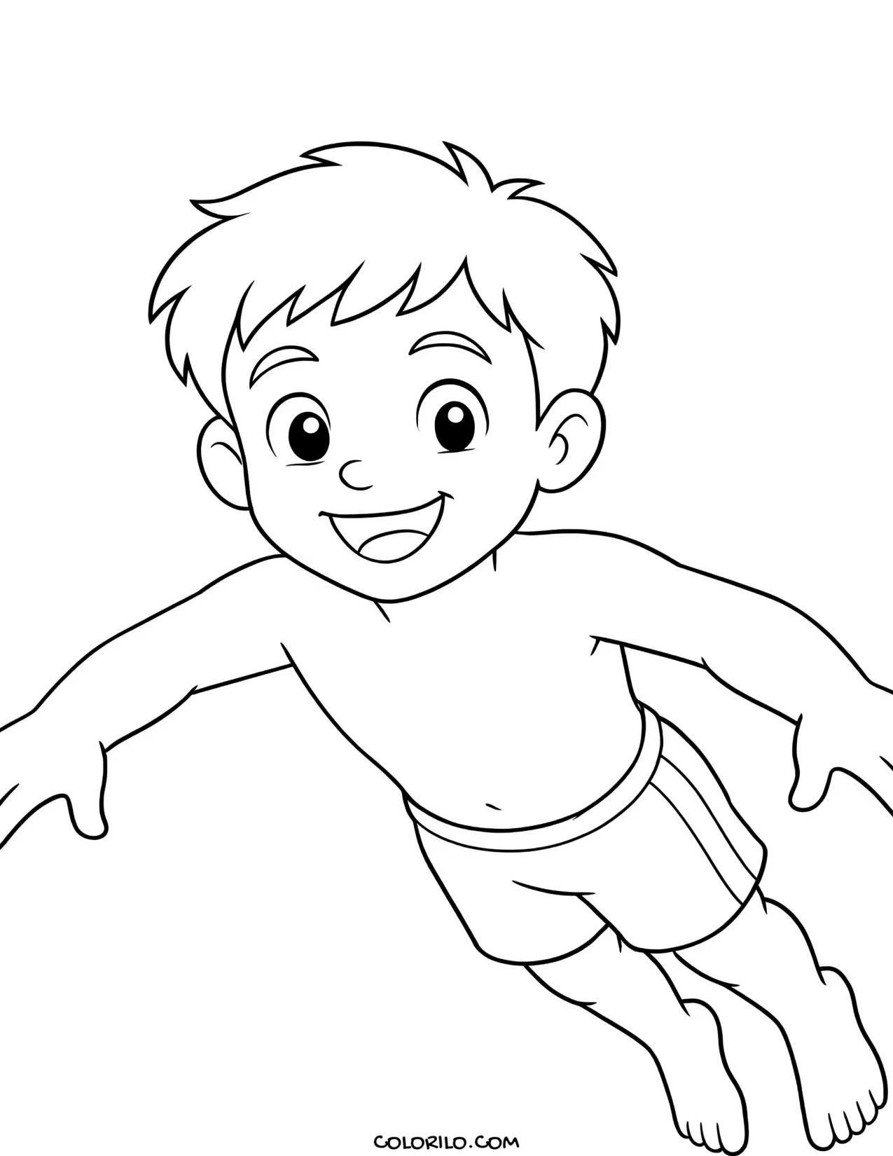 A boy swimming in a mountain lake coloring page