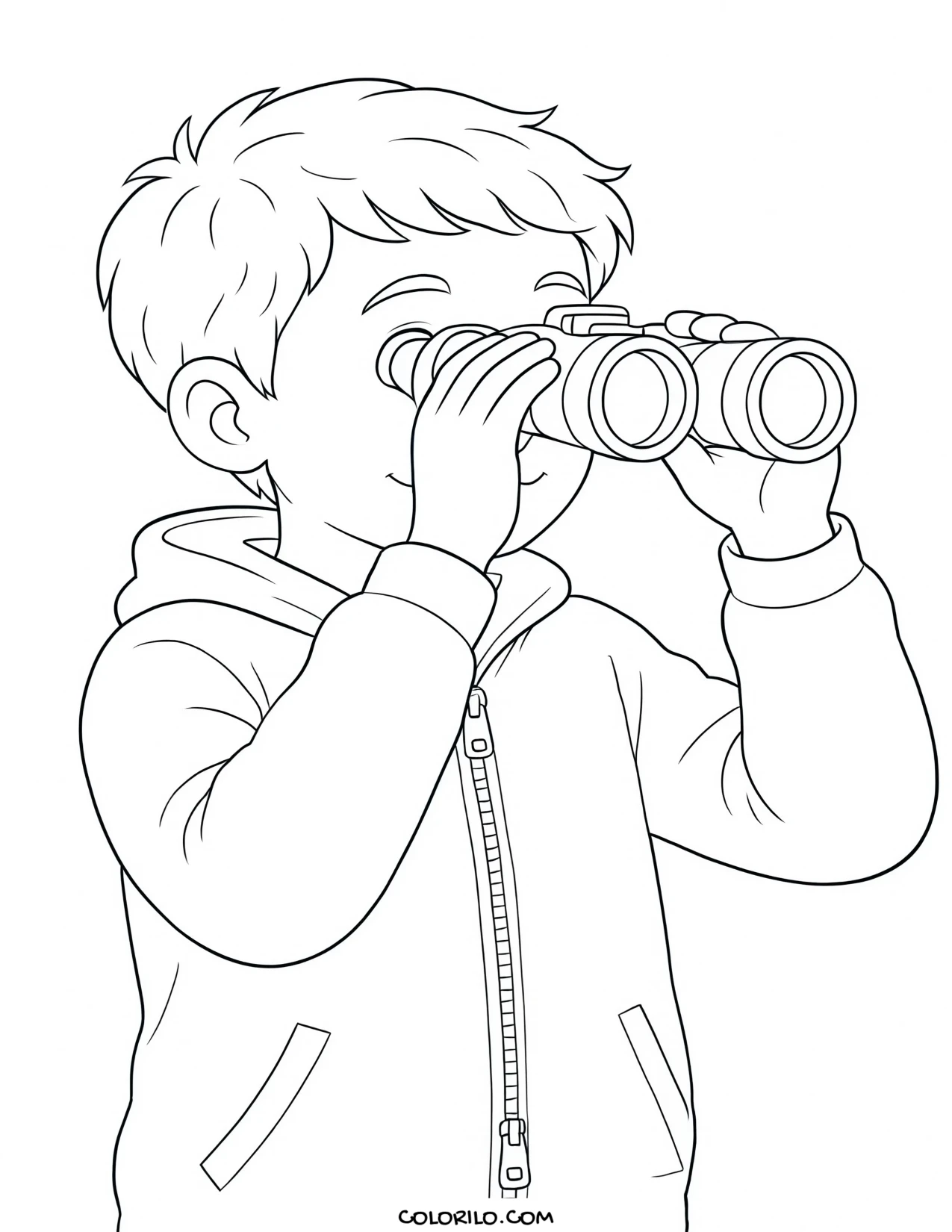 A boy looking through binoculars coloring page