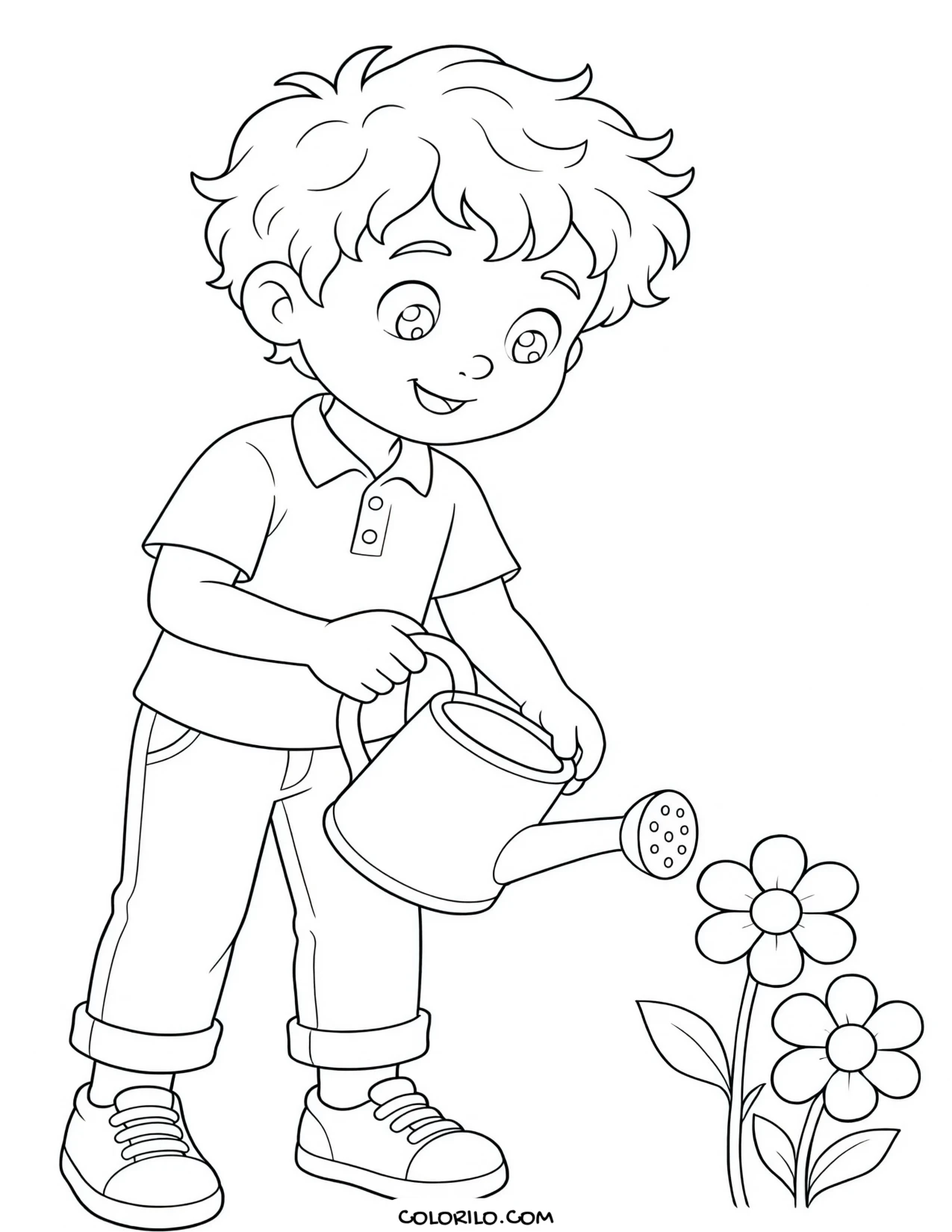 A boy watering the garden flowers coloring page